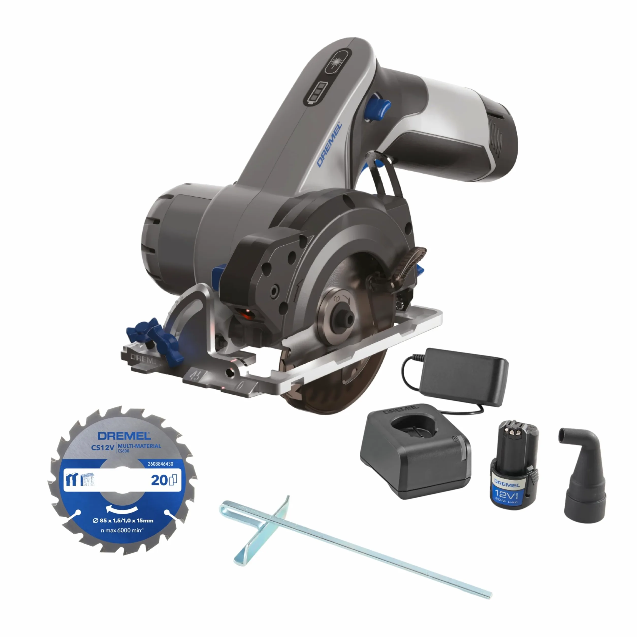 Dremel Blueprint CS12V-S1 akumulatorowa piła tarczowa z silnikiem bezszczotkowym z laserową prowadnicą liniową, prowadnica do cięcia ukośnego, 1 wielomateriałowa piła tarczowa, 1 akumulator 2,0 Ah +