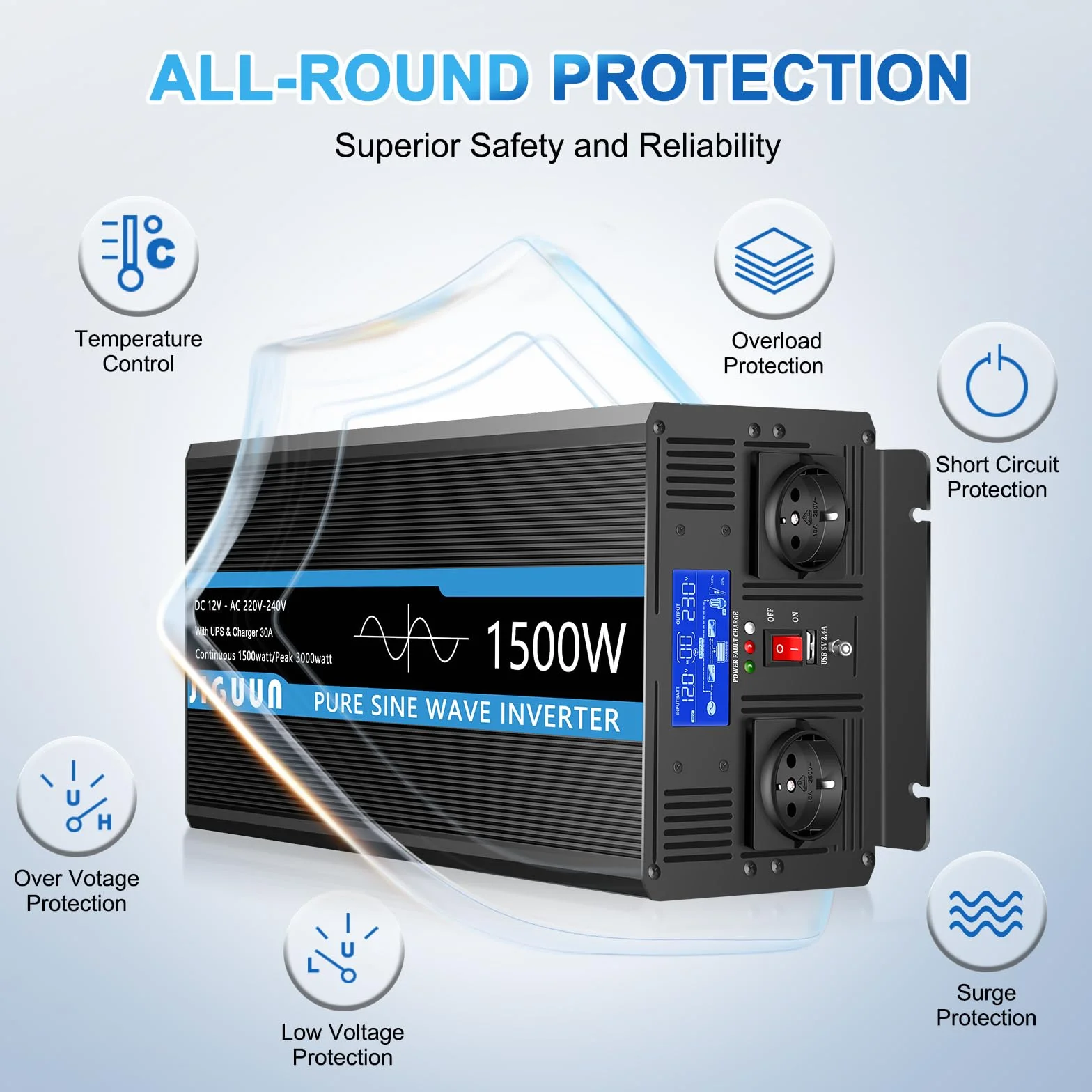 JIGUUN Przetwornica napięcia 1500 W 3000 W 12 V 230 V 30 A USV 2 gniazda EU pilot LCD
