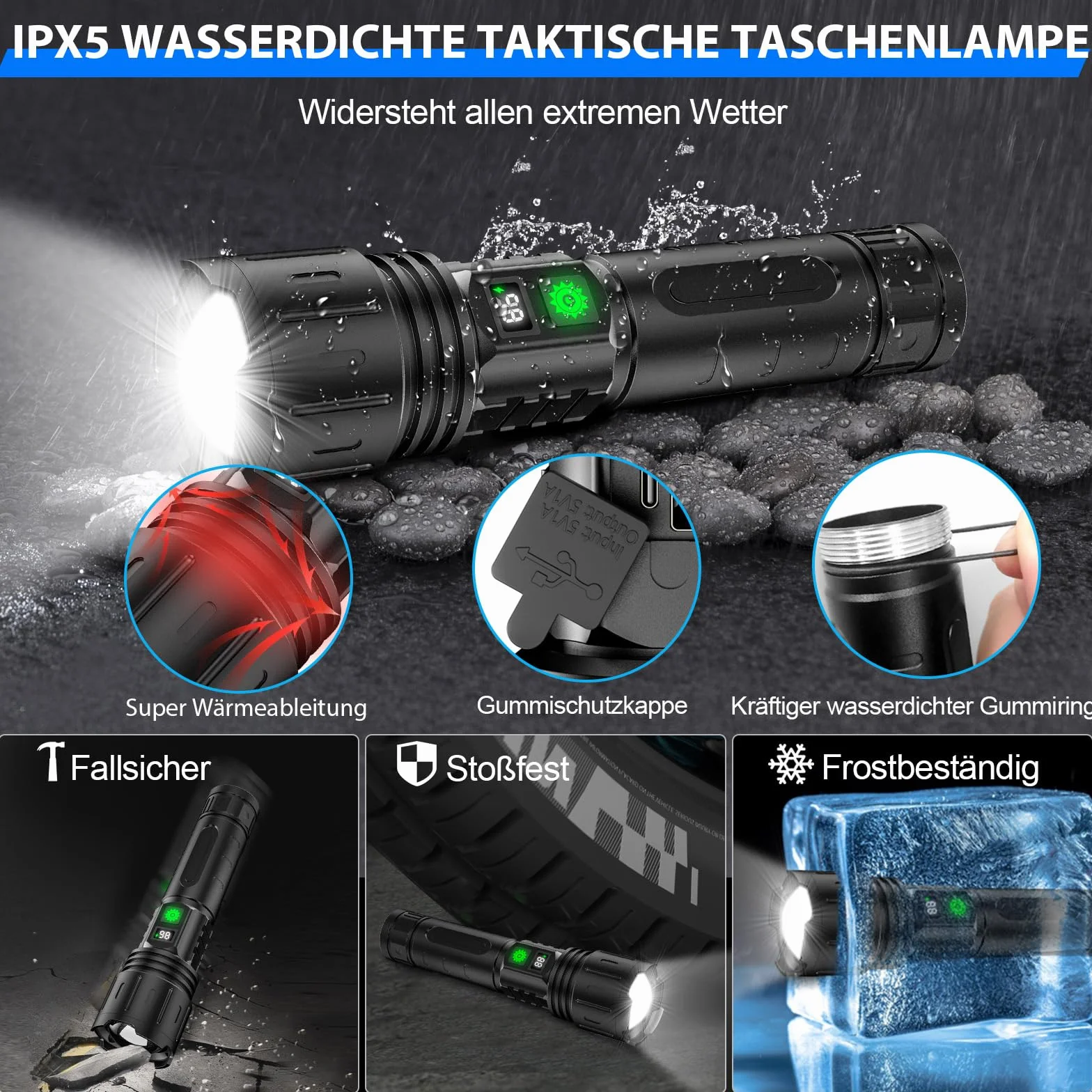 Karrong Taktyczna Latarka Led Usb C Z MożLiwośCią łAdowania 20000 LumenóW Zasilanie Bateryjne RęCzna Latarka Kontrolna Wodoodporny Zoom Na Kemping WęDkarstwo Na ZewnąTrz Awaryjne
