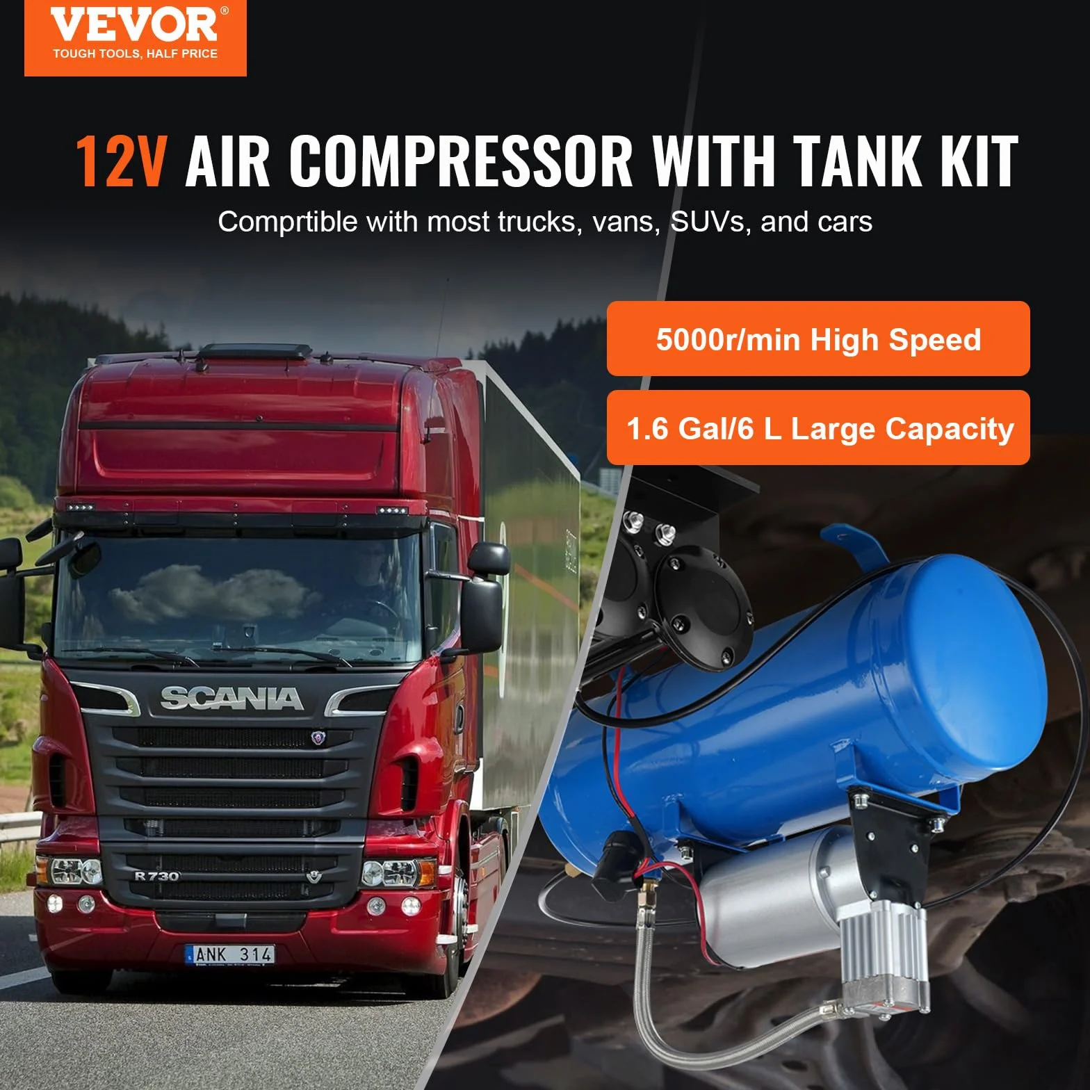 VEVOR Zughorn sprężarka powietrza ze zbiornikiem 6 l, 12 V, zestaw kompresorów powietrza 90-120 psi, zintegrowany system sprężarki powietrza do pompowania opon, ciężarówek, SUV-ów itd. Niebieski