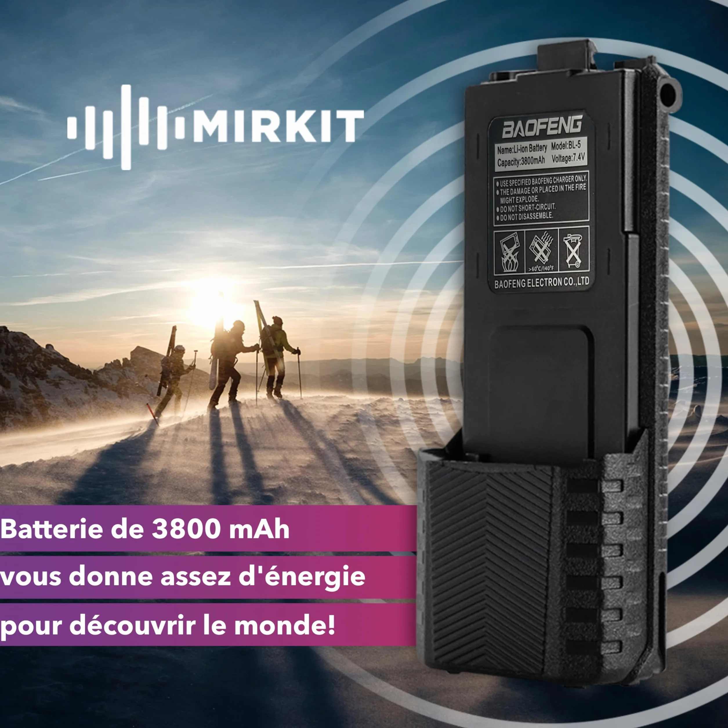 2 x Mirkit - BAOFENG UV-5R akumulator 3800 mAh - bateria kompatybilna z radiotelefonem Baofeng UV-5R Plus, Baofeng UV mk5, UV-mk5X3 / RD-5mk5/ UV-mk5TP / UV-5X3 - akcesoria do krótkofalówki Baofeng Walkie