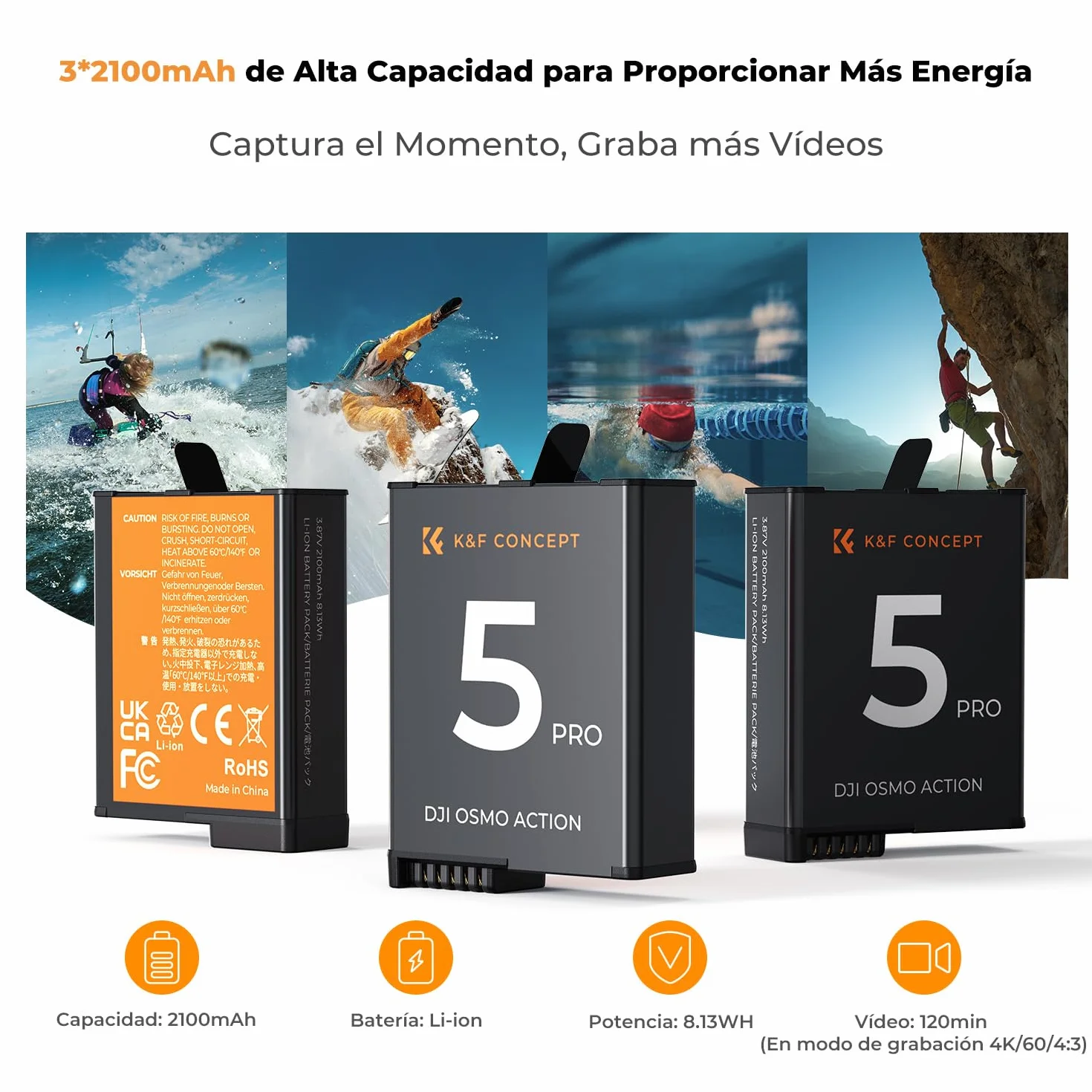K&F CONCEPT Akumulator 2100 mAh do DJI OSMO Action 5 Pro, Action 4, zestaw z potrójną ładowarką i etui