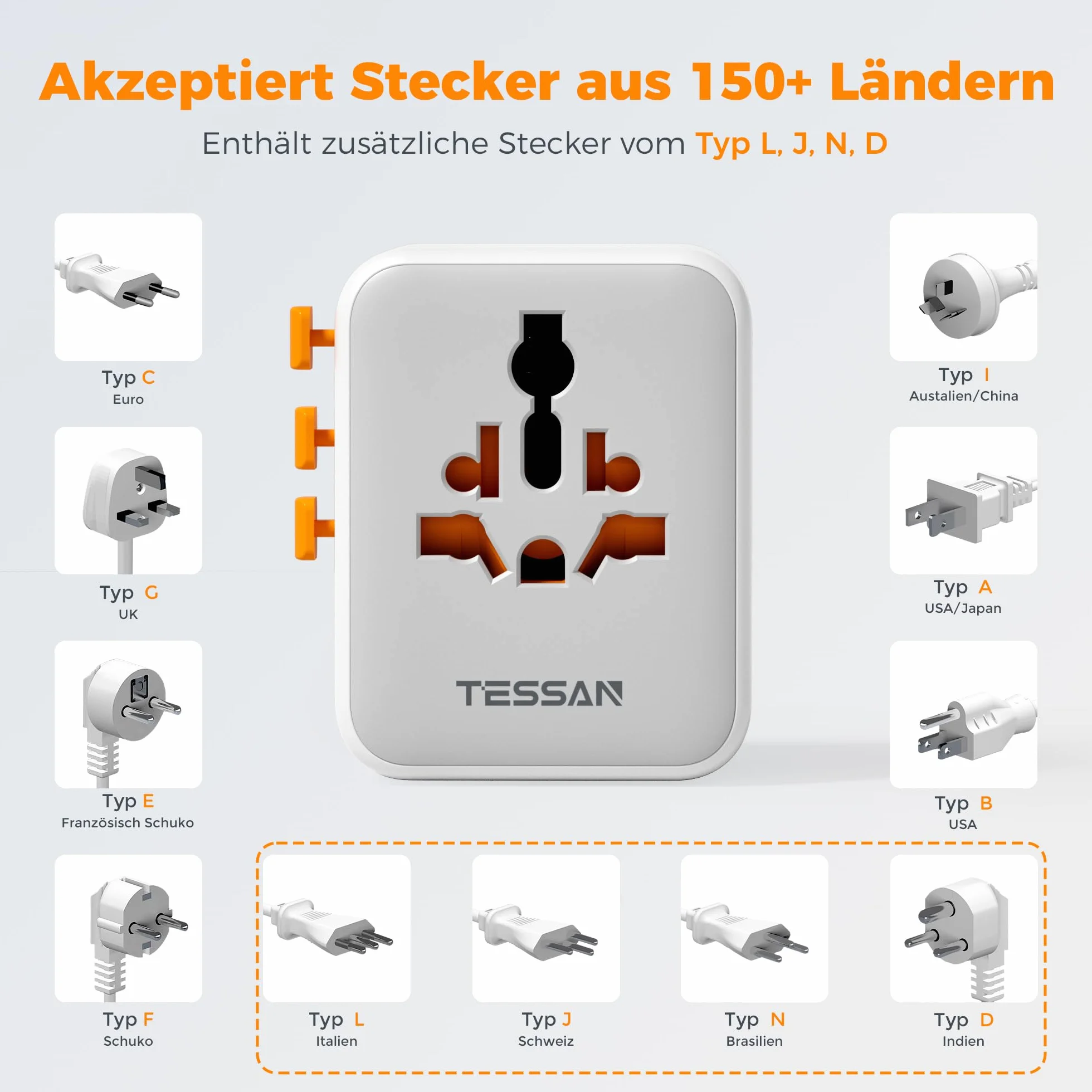 TESSAN Uniwersalny Adapter Wtyczki z 3 USB C i 2 USB A, 2500 W, Podróżny dla USA Tajlandia Japonia Wielka Brytania Brazylia Australia Hiszpania Malezja Indie