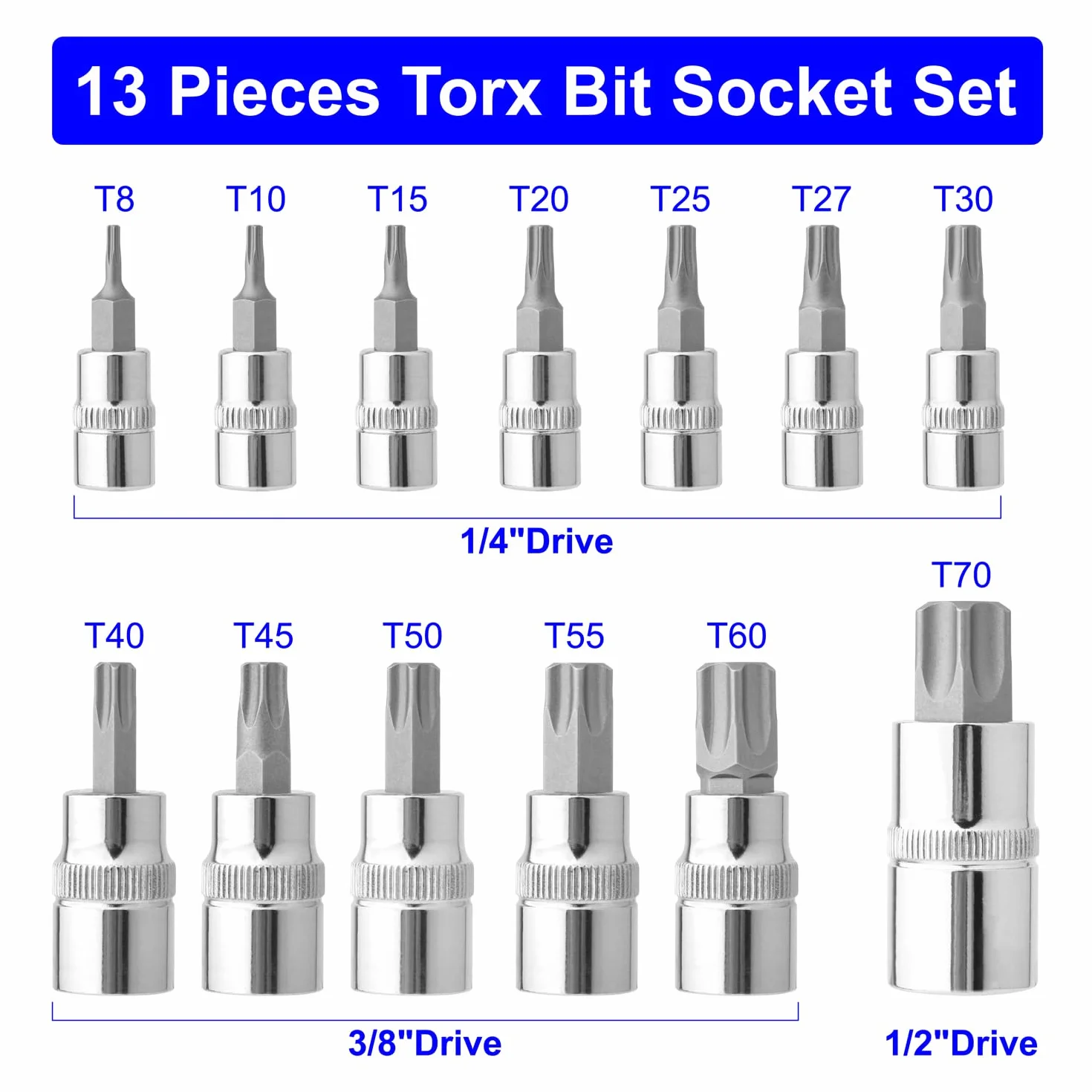 Gunpla 13-częściowy zestaw kluczy nasadowych Torx T10-T70 nasadki nasadowe do wkręcania w samochodach, motocyklach i rowerach
