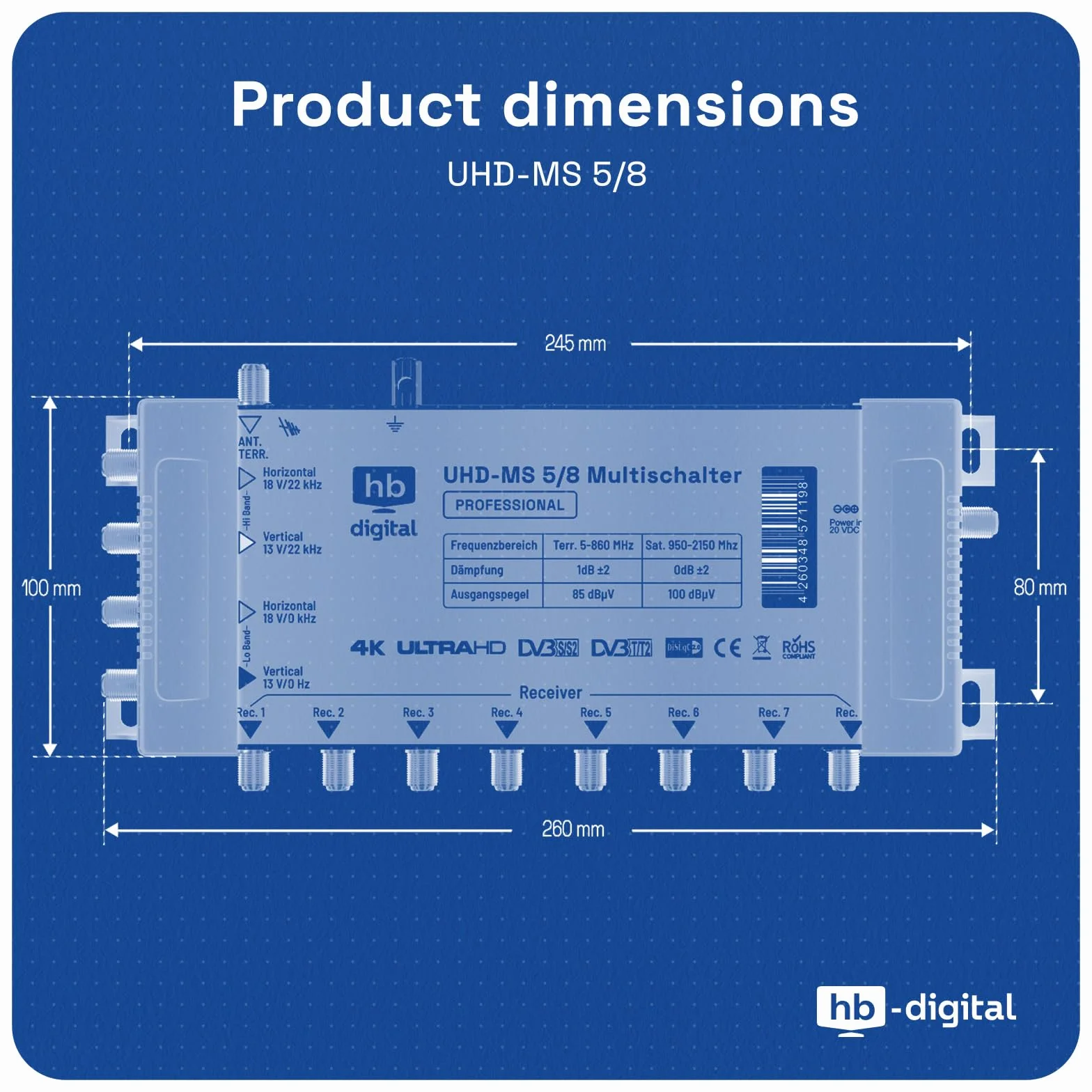 HB-DIGITAL Multiswitch PMSE 5/8 1x SAT 8 odbiorników 4K UHD z zasilaczem