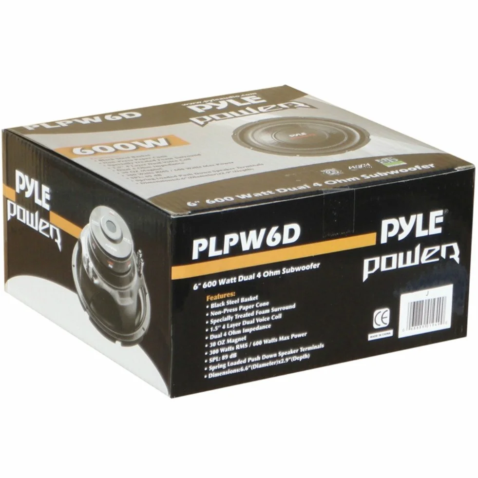 1 subwoofer PYLE PLPW6D 16,5 cm 6,5" 300 wat rms 600 wat max podwójna podwójna cewka 4 + 4 ohm dvc do pokrywy bagażnika samochodu, 1 sztuka