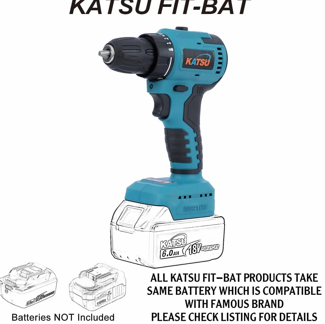 KATSU Tools KATSU FIT-BAT 21 V bezszczotkowa wiertarko-wkrętarka akumulatorowa, 10 mm uchwyt bezkluczykowy, 2 biegi biegów i światło LED, idealna do domowych zadań DIY, bez baterii i ładowarki 102363