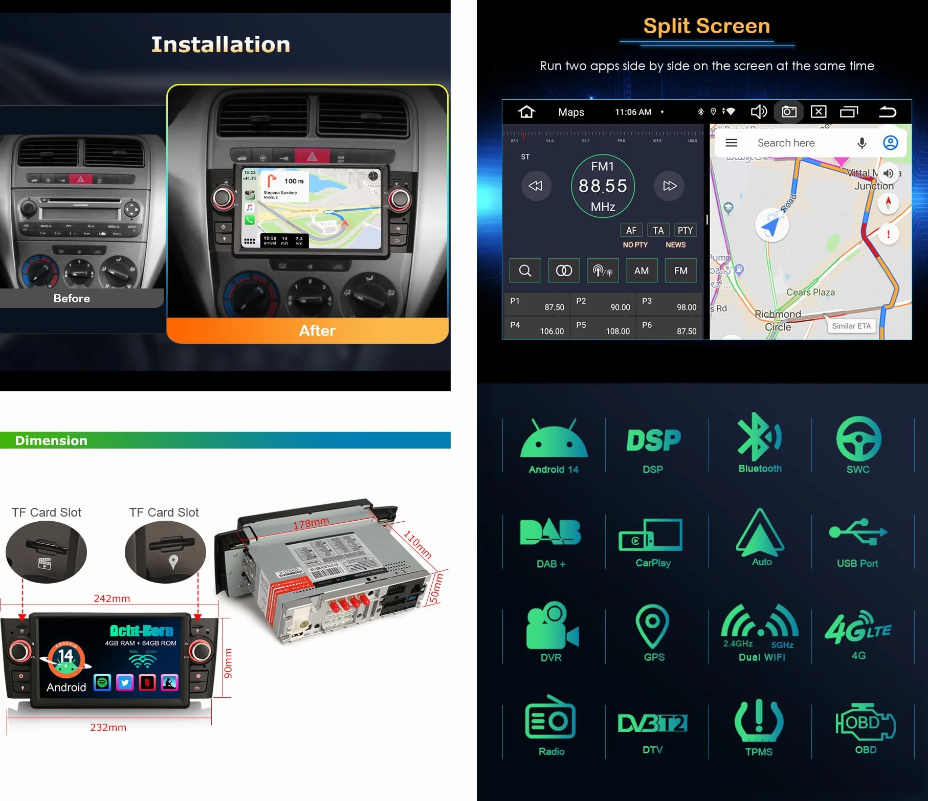 erisin Radio Samochodowe Android 14 8 rdzeni 4 GB 64 GB GPS DSP Bluetooth 5.0 WiFi DAB+ Carplay do FIAT Grande Punto Linea