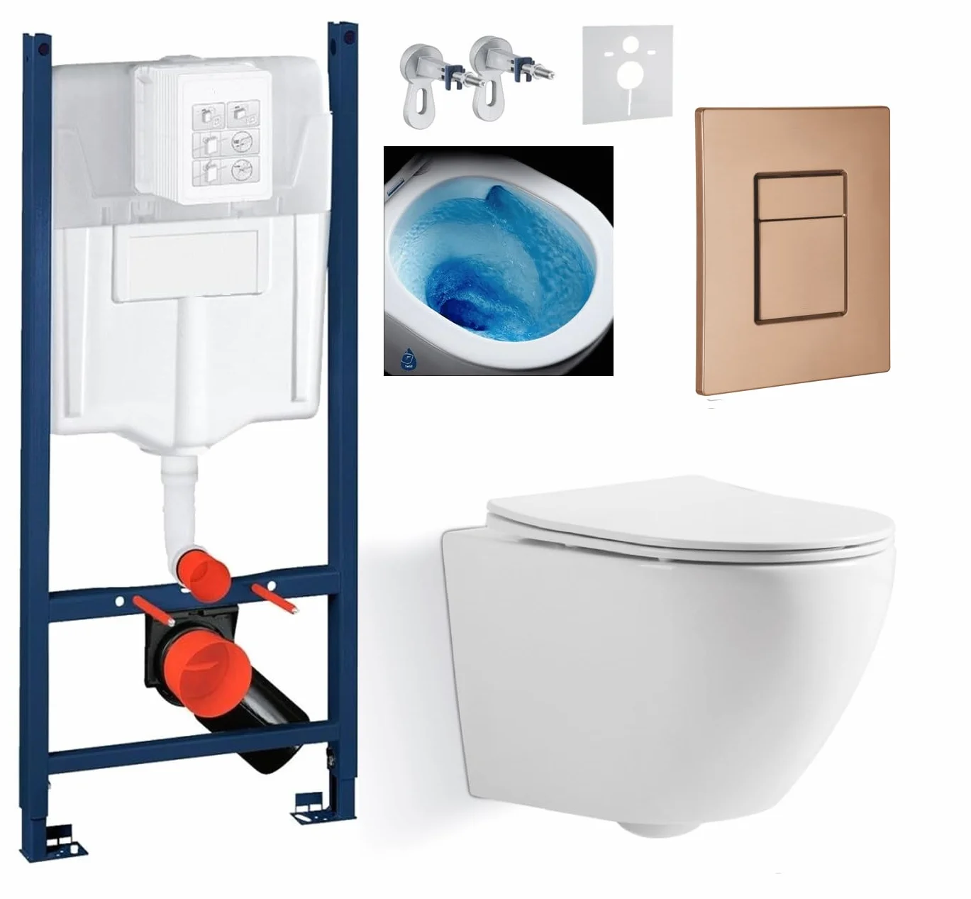Kompletny zestaw Imprese 5w1 – stelaż podtynkowy + miska WC bezkołnierzowa BLATNA TWIST TORNADO + deska sedesowa wolnoopadająca Slim + miedziany szczotkowany przycisk + mata + zestaw montażowy