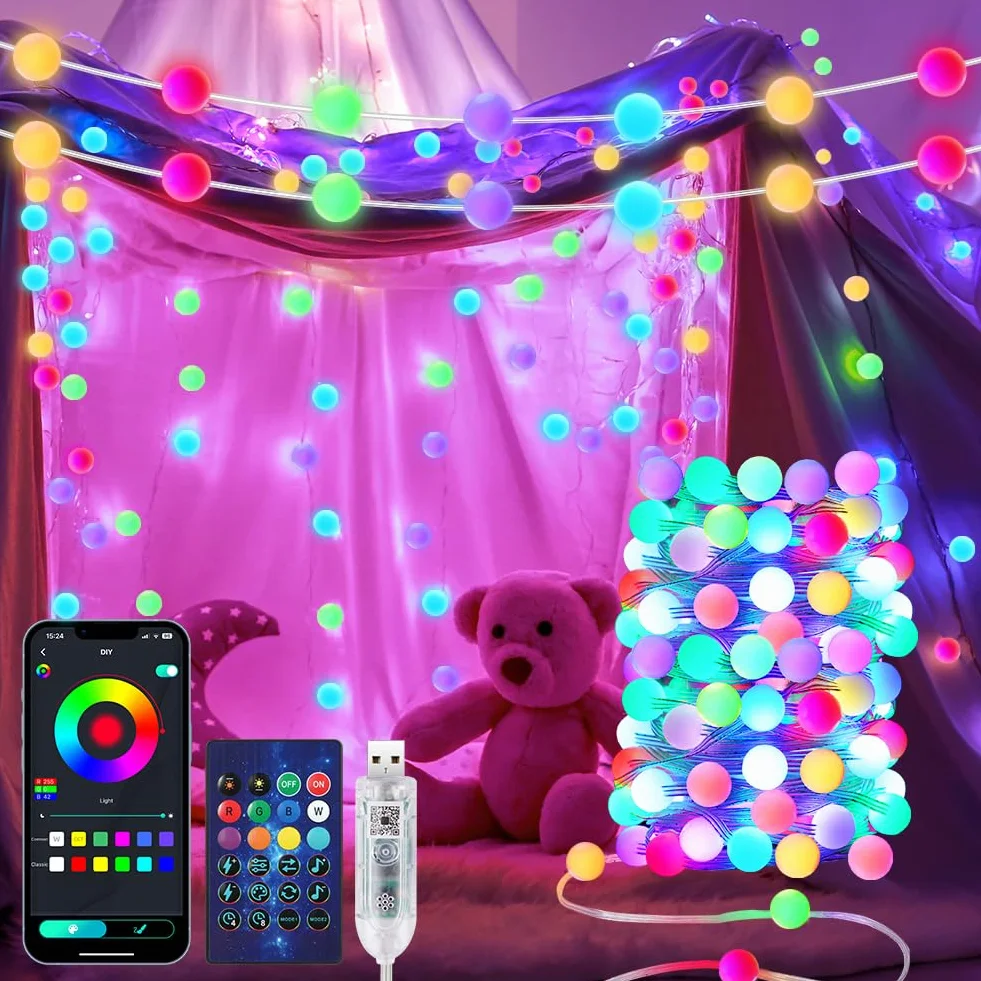 AUAUY Smart Globe String Lights, 10M 66 LED Outdoor/Indoor String Lights, Zmiana koloru, Zasilane przez USB, z aplikacją, Dekoracja na imprezę Halloween, Boże Narodzenie