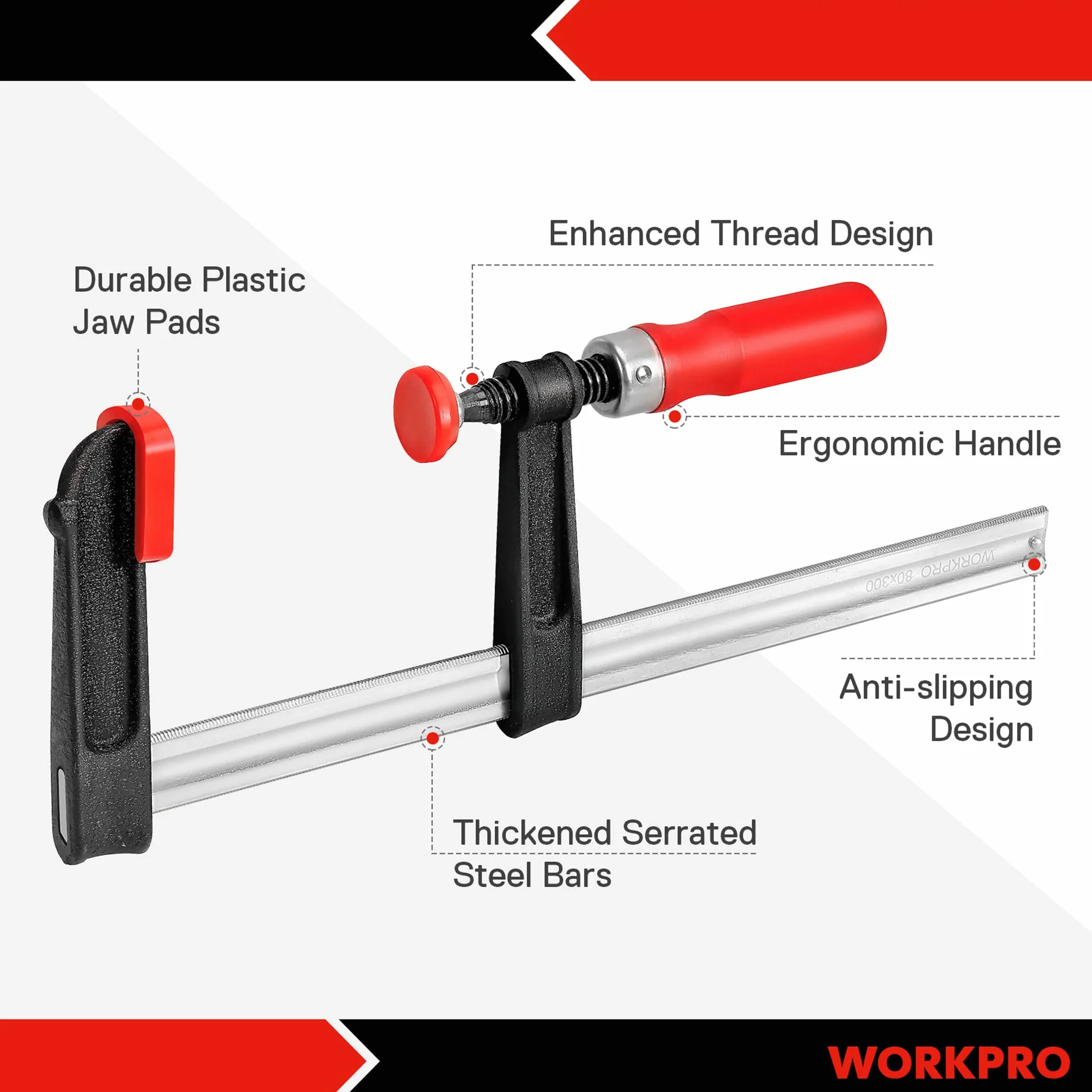 WORKPRO Zaciski śrubowe, 2 sztuki, rozpiętość 200 mm/300 mm, siła zacisku 272 kg, głębokość szczęk 50 mm/80 mm z wysokiej jakości stali i nylonu do precyzyjnego mocowania