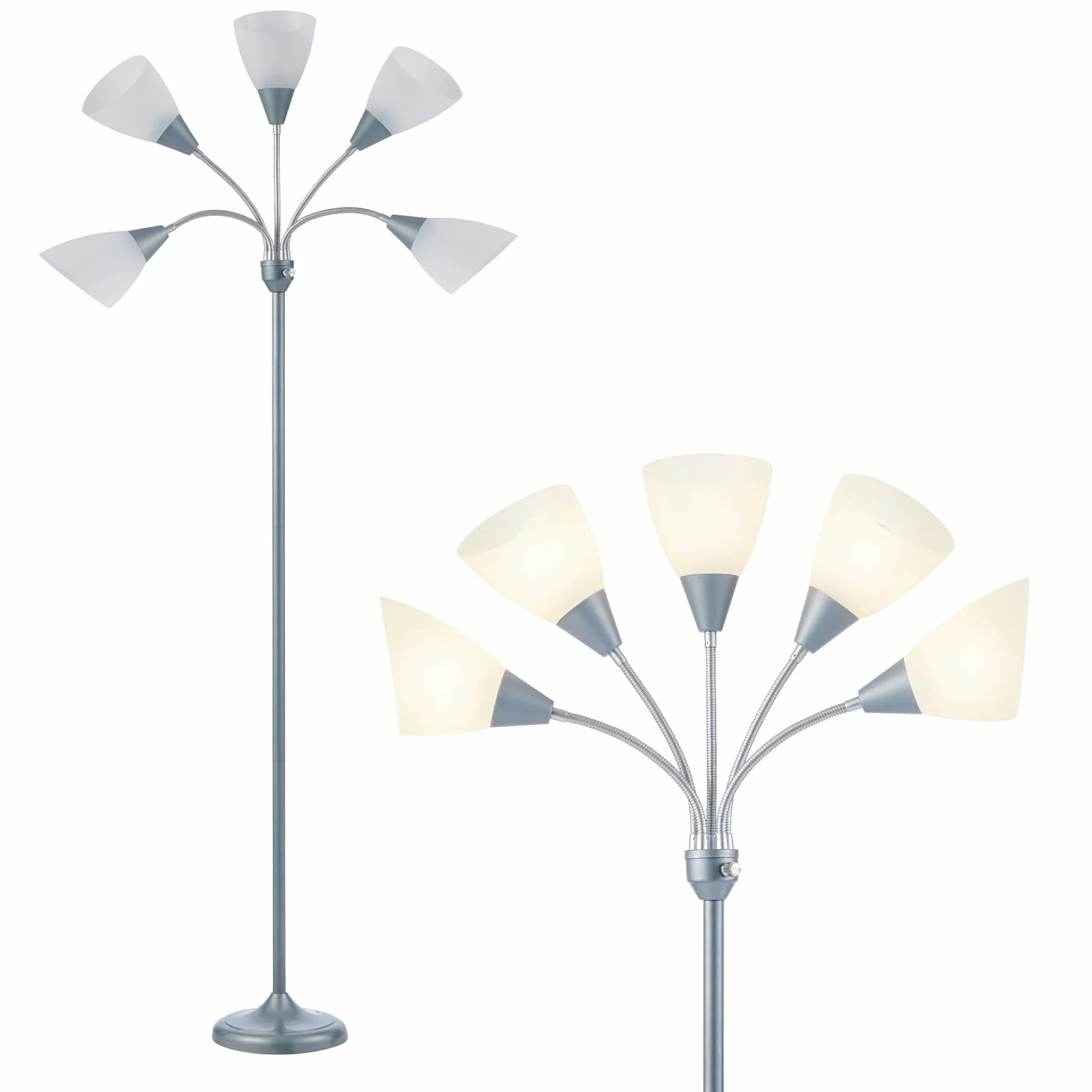 HonoDing Meduza Lampy Podłogowe Lampy Podłogowe 5 Głowic Regulowana Lampka do czytania Duży Klosz Wykorzystuje Lampy Podłogowe E26 Żarówka A19 Do Salonu Sypialni (Srebrny)