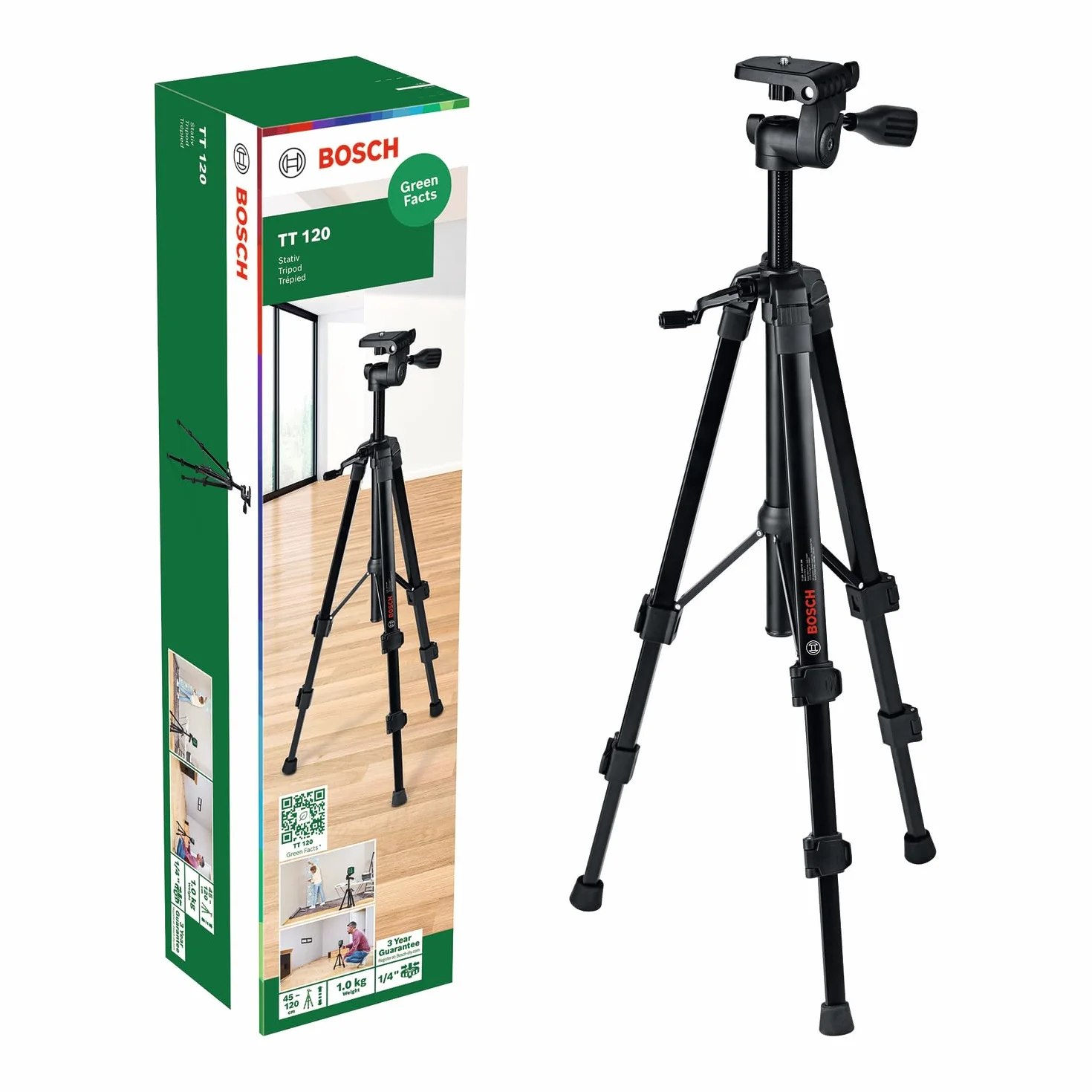 Statyw premium Bosch TT 120 (regulacja wysokości w zakresie 45-120 cm umożliwia szybkie i elastyczne pozycjonowanie laserów krzyżowych, opakowanie kartonowe)