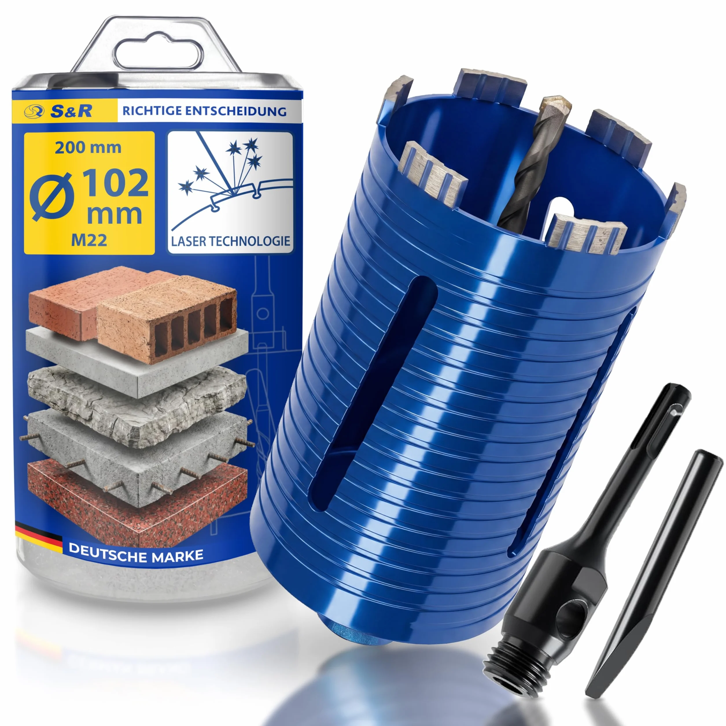 S&R Diamentowa koronka wiertnicza M22-102 mm, długość 200 mm segment 10 mm, wiertło centrujące i adapter SDS-plus, pogłębiacz puszek do betonu, muru, pustaka, betonu komórkowego