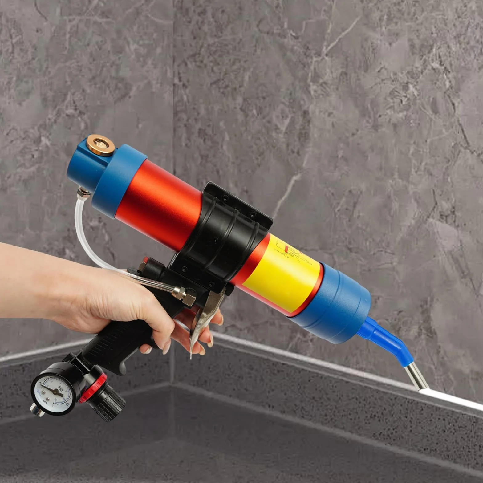 Pneumatyczny pistolet na kartusze 310 ml, ciśnienie robocze 6 bar, długość rury 19-23 cm, do szkła, aluminium, płytek i drewna