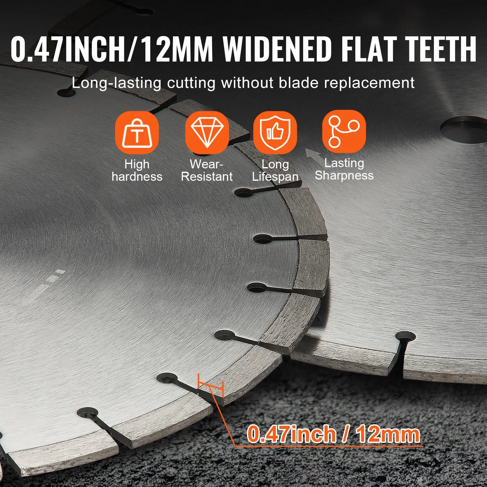 VEVOR Diamentowa piła ukośna do betonu 45 cm, praca na sucho lub na mokro, ostrze do piły ukośnej 12 mm z płaskimi zębami, średnica otworu środkowego 25,4 mm