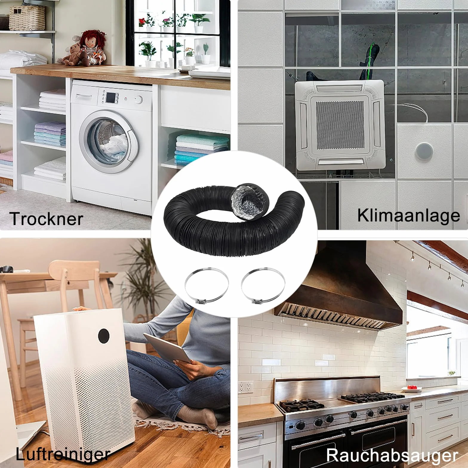 Wąż powietrza wylotowego 100 mm, 3 m, aluminiowy wąż wentylacyjny, rura wylotowa PCW, elastyczny wąż powietrza do przenośnych klimatyzatorów HVAC, suszarki, wentylatora wyciągowego, z 2