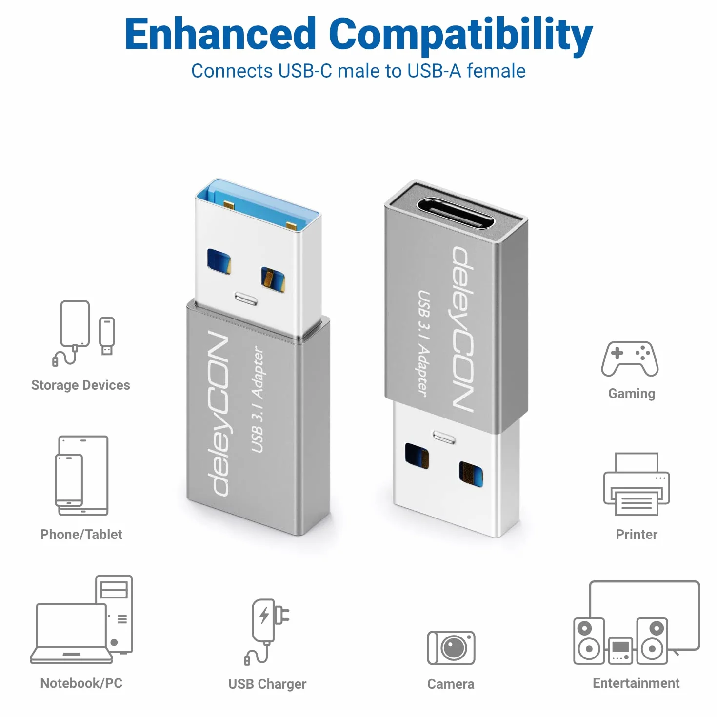 deleyCON USB C Adapter USB 3.0 5 Gb/s USB-C do USB-A Srebrny 2 Sztuki