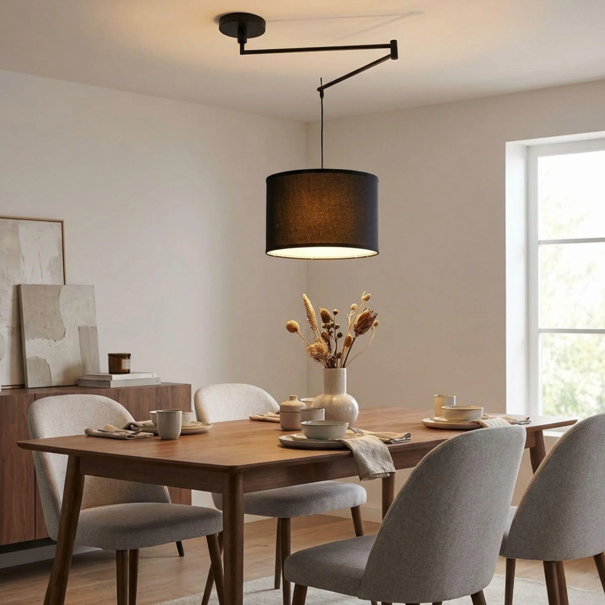 BARCELONA LED Czarna Lampa Wisząca z Regulowanym Ramieniem E27 z Abażurem z Tkaniny, Lampa Sufitowa Industrialna Vintage Skandynawska Minimalistyczna do Salonu Sypialni Jadalni Biura