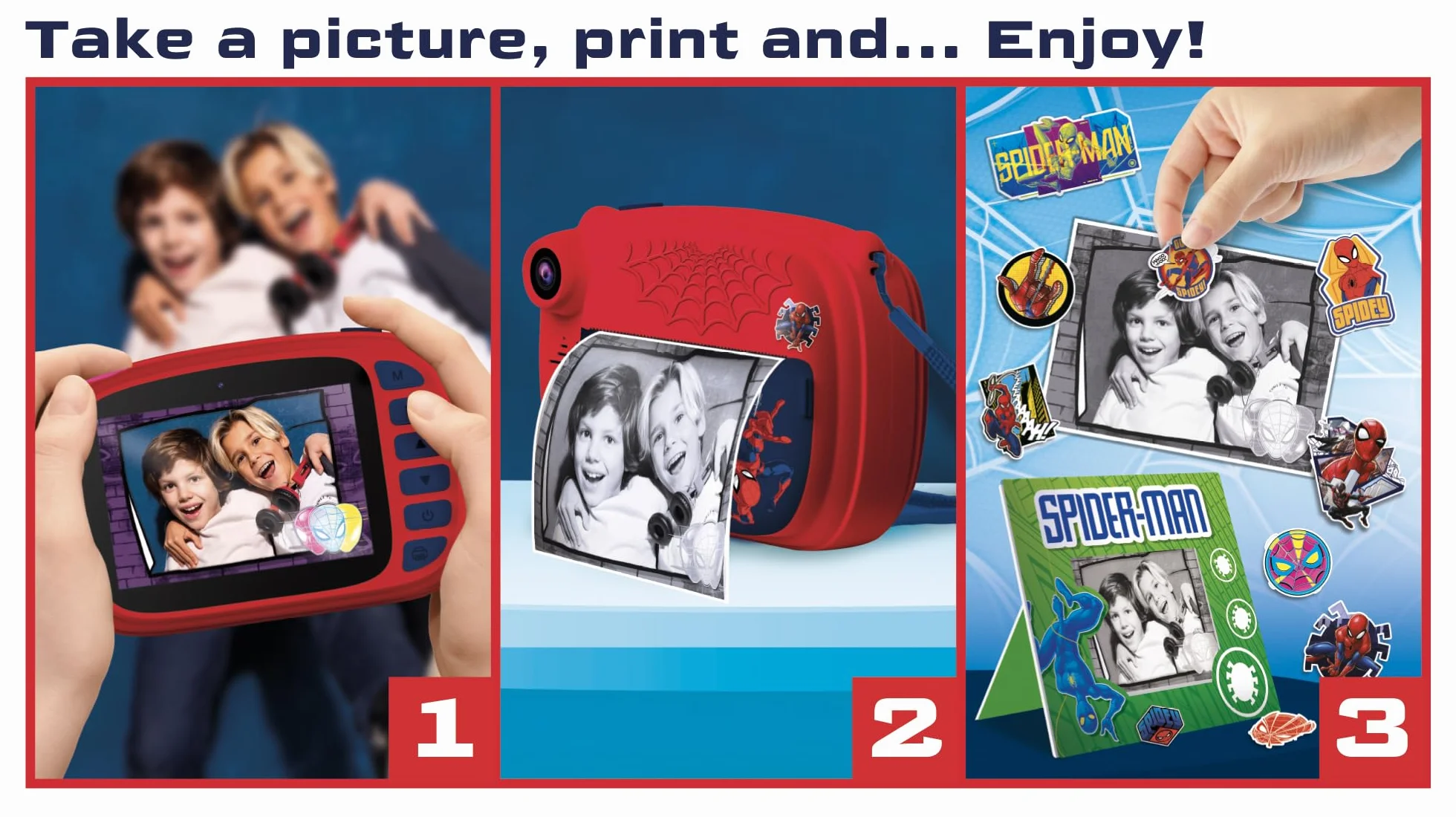 Lisciani Spider-Man Print CAM aparat natychmiastowy Hi-Tech Educative kolorowy ekran 4 cale podwójny aparat do selfie wideo 180 zdjęć od 5 lat