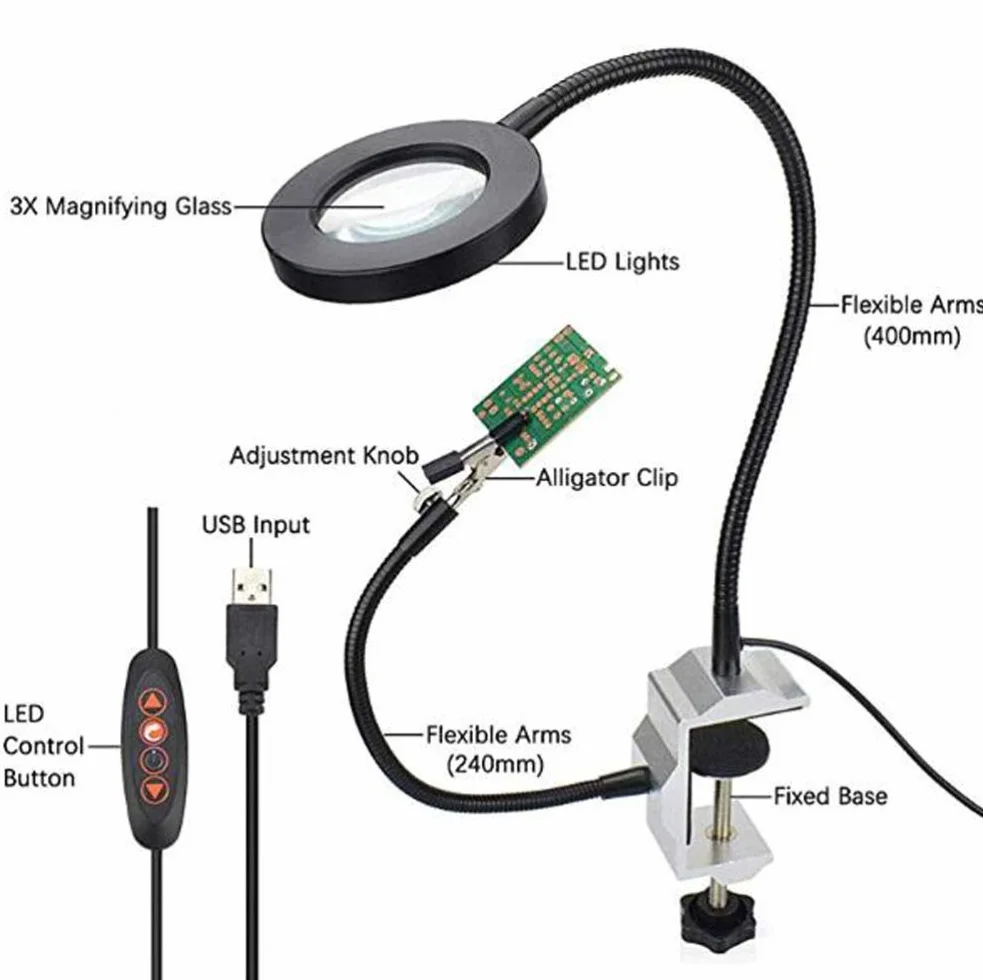 Led Light Helping Hands Magnifier Station - 3x Heavy Duty trzecia ręka lupa lutownicza z lekkim statywem z pomocniczym zaciskiem krokodylkowym - do lutowania, hobby i rzemiosła a, podświetlany