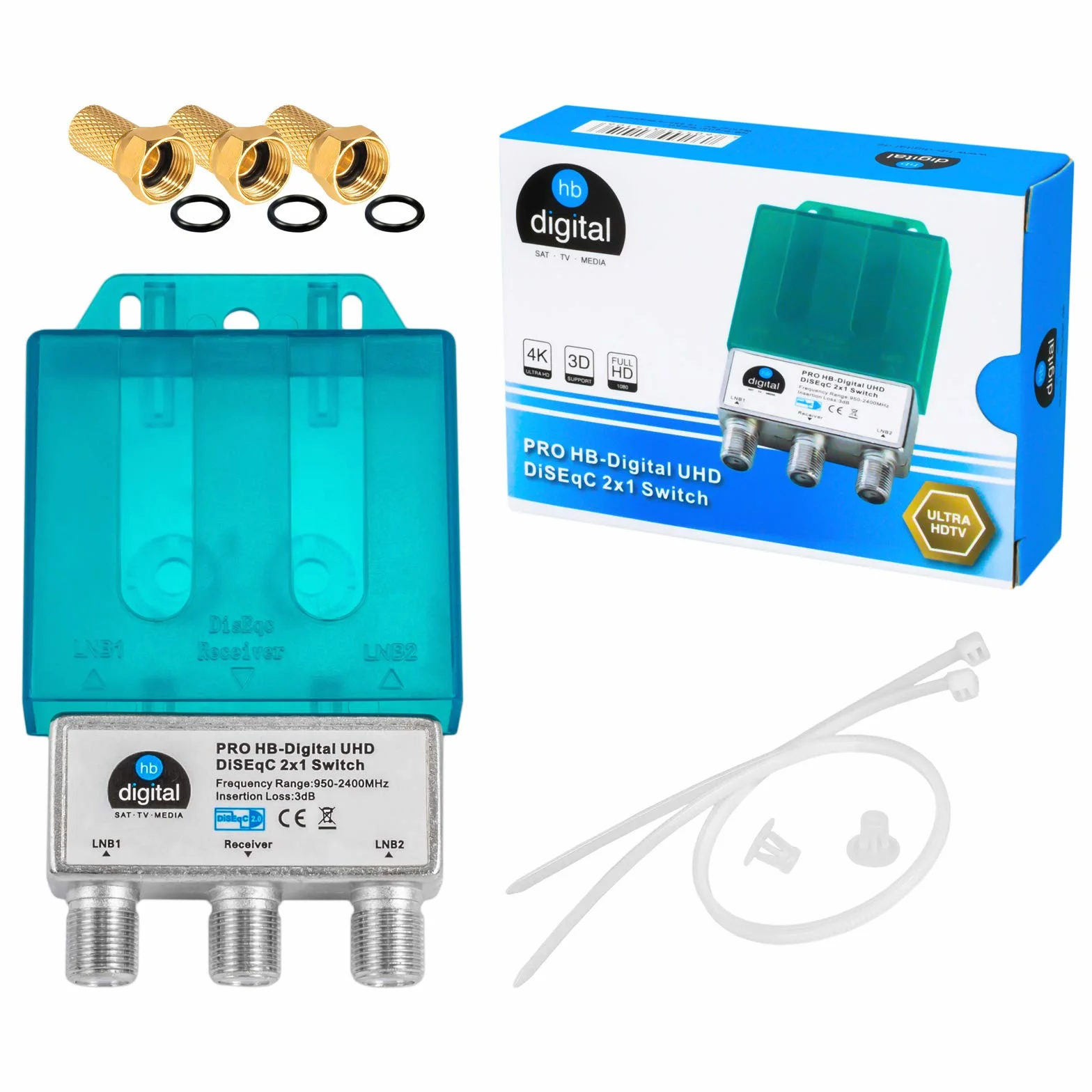 1 x PRO DiseqC przełącznik Switch 2/1 z obudową chroniącą przed warunkami atmosferycznymi HB-DIGITAL 2X SAT LNB 1 x odbiornik/odbiornik do Full HDTV 3D 4K UHD + 3 x pozłacane wtyczki F pozłacane