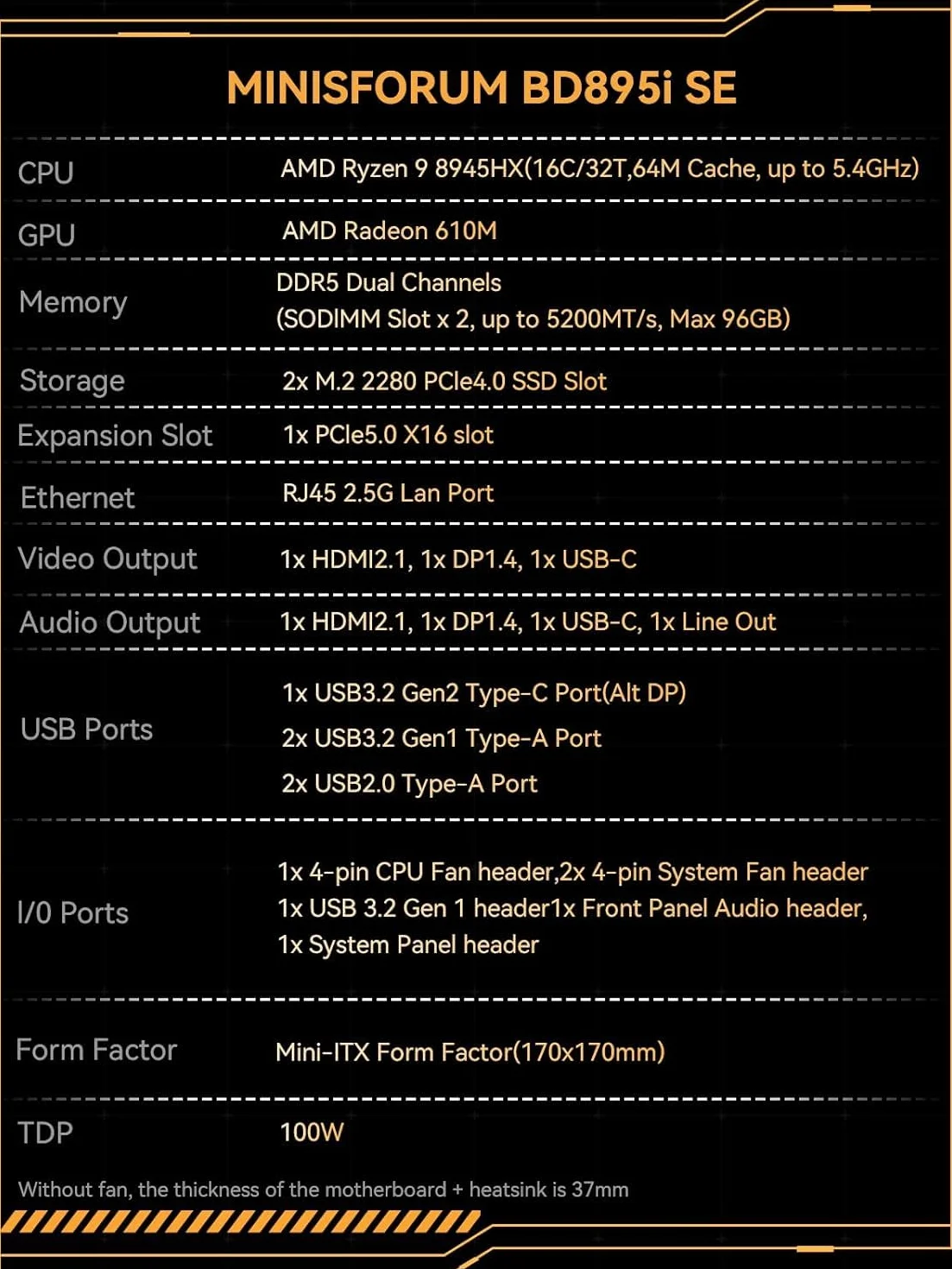 MINISFORUM BD895i SE Mini-ITX moederbord, AMD Ryzen 9 8945HX (16 cores / 32 threads, tot 5,4 GHz), PCIe 5.0 x16 slot, dubbele M.2 PCIe 4.0, DDR5, HDMI/DP/USB-C, RJ45 2,5 GbE, USB 3.2 Gen 2
