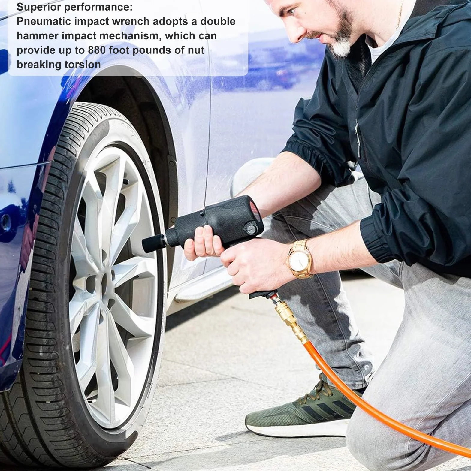 Pneumatyczny Klucz Udarowy 1/2 Cala z Mechanizmem Podwójnego Młotka, Moment Skrętny 880 Ft·lbf, Korpus ze Stali Stopowej, Antypoślizgowy Uchwyt Zapewniający wygodę. Idealny do