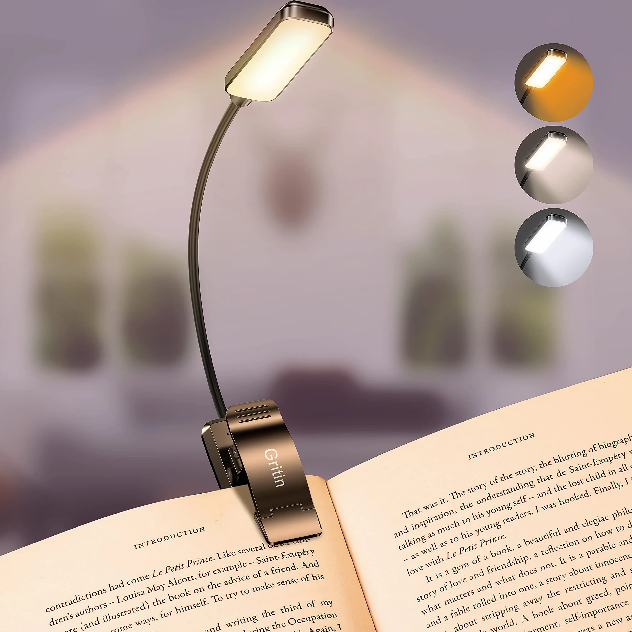 Gritin Światło do Czytania Ładowane, 9 LED Lampka do Czytania z Klipsem na Książki, 3 Tryby Ochrony Wzroku i Bezstopniowe Ściemnianie Odpowiednie Nauki, Dziania