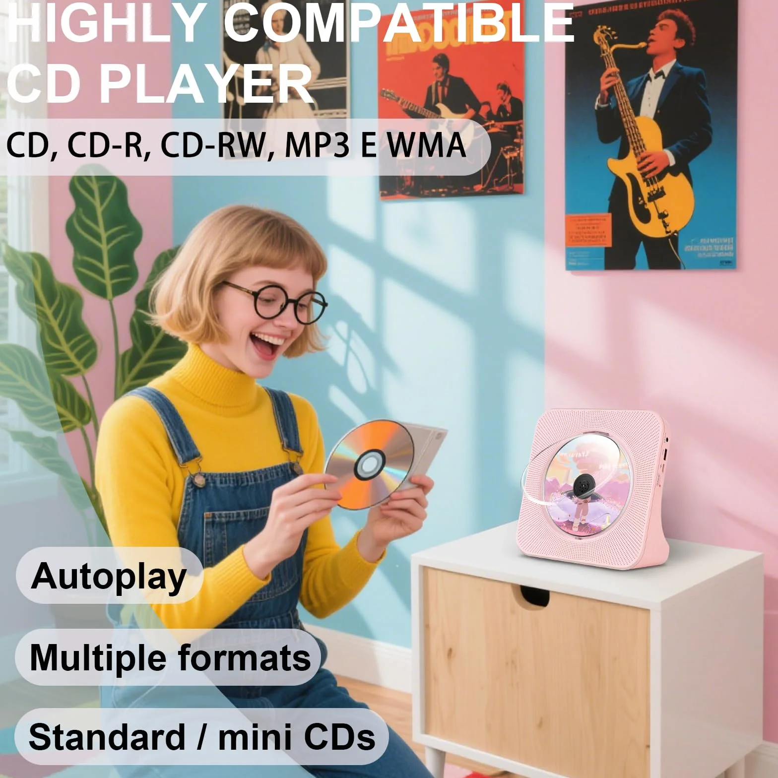 Odtwarzacz CD Stereo, Odtwarzacz CD Bluetooth z Pilot Zdalny, Wbudowany Głośnik, FM, Wejście USB, Wejście/Wyjście AUX, Różowy Domowy Przenośny Odtwarzaczs CDs