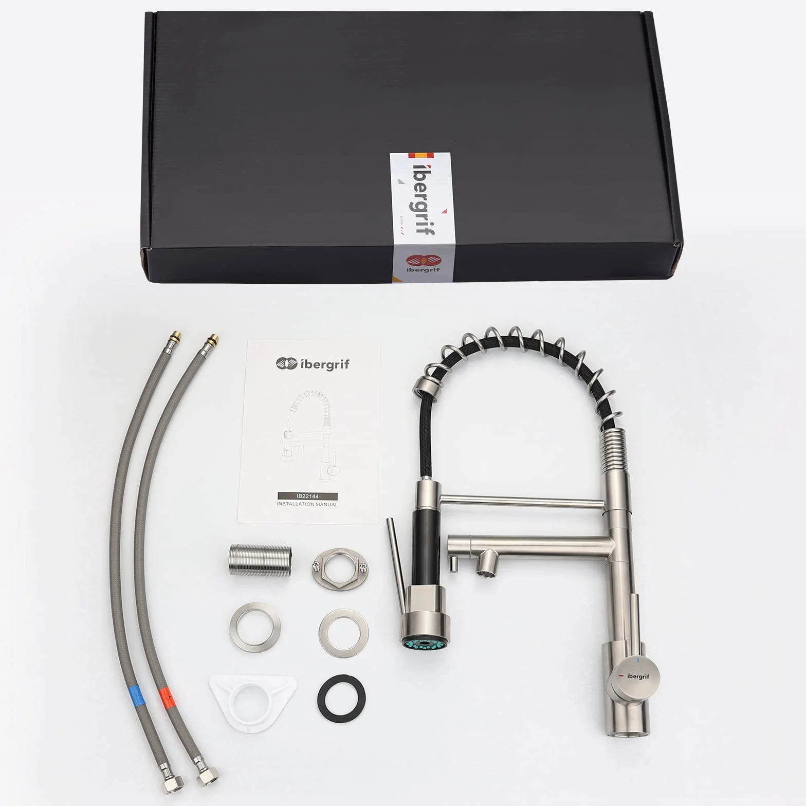 Ibergrif Profesjonalna bateria kuchenna z wyjmowanym prysznicem, bateria umywalkowa, stal nierdzewna, M22144A