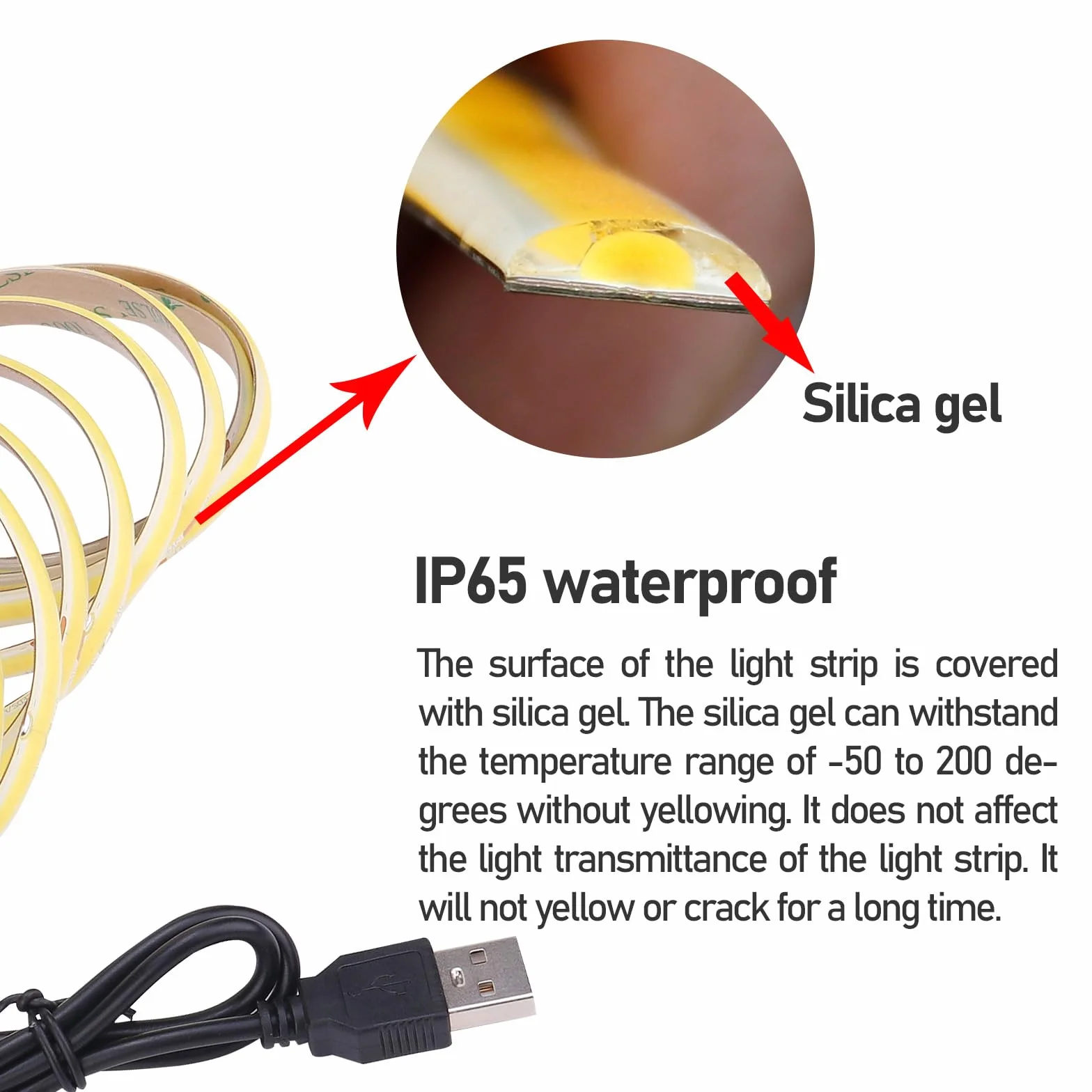GOMING 5V Taśma LED COB USB Ciepła Biel 3000K IP65 Wodoodporny Zasilany przez USB CRI 93+ 640LEDs 2M Jednolite Światło Elastyczny Pasek LED dla DIY Oświetlenie Dekoracyjne