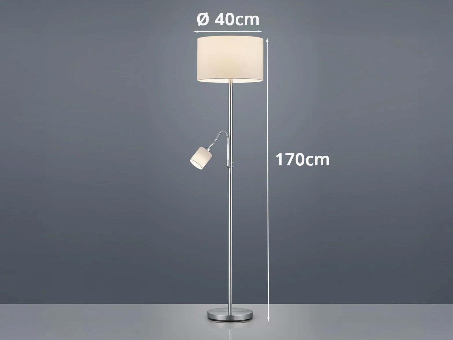 Klasyczna lampa stojąca LED z lampką do czytania i abażurami materiałowymi w kolorze białym wysokość 170 cm – ponadczasowe, eleganckie oświetlenie postojowe