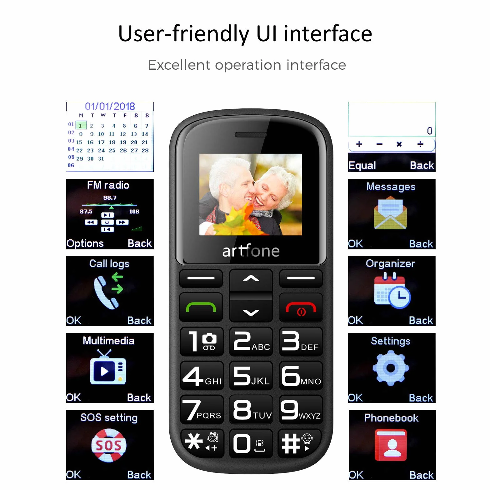 Mobilna do większych przycisków, 2 g gsm, z przyciskiem SOS, ładowarką, odblokowywanie podstawowe, latarka do telefonu komórkowego dla starszych Artfone CS182 (czarna)