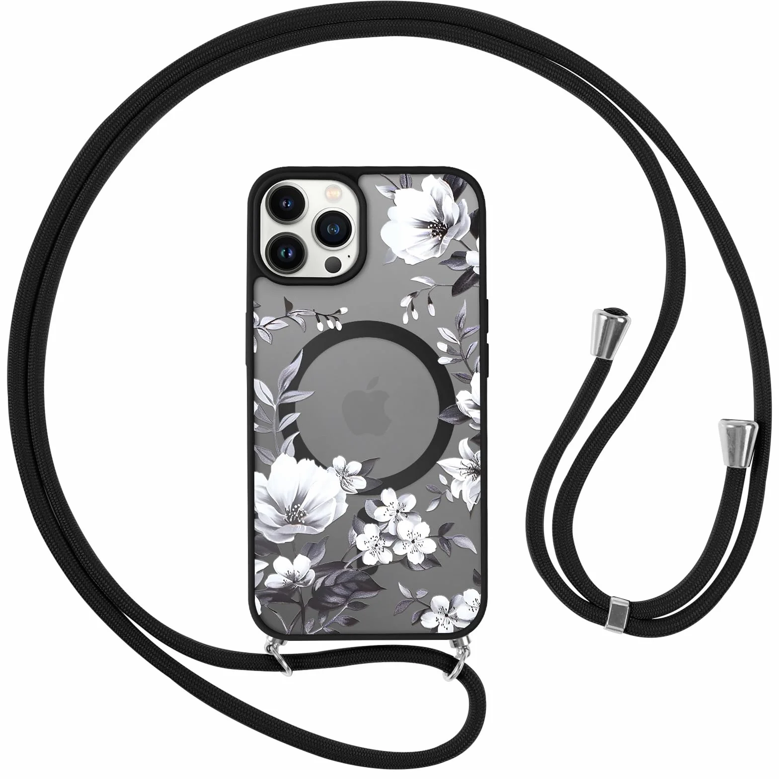 Yoedge Magnetyczne etui na telefon komórkowy iPhone 16 6,1", etui z paskiem, kompatybilne z MagSafe, wzór w kwiaty, półprzezroczyste etui ze sznurkiem, matowe, silikonowe TPU, odporne na uderzenia