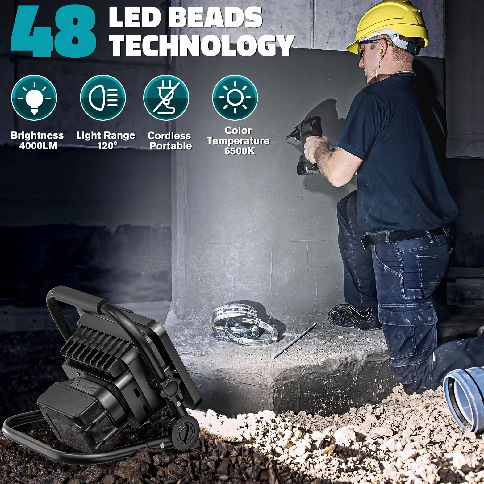 LIVOWALNY Reflektor budowlany LED do Makita, 18 V, 40 W, 4000 lm, przenośny, bezprzewodowy reflektor LED z 2 trybami jasności, do garażu, na kemping i plac budowy (bez baterii)