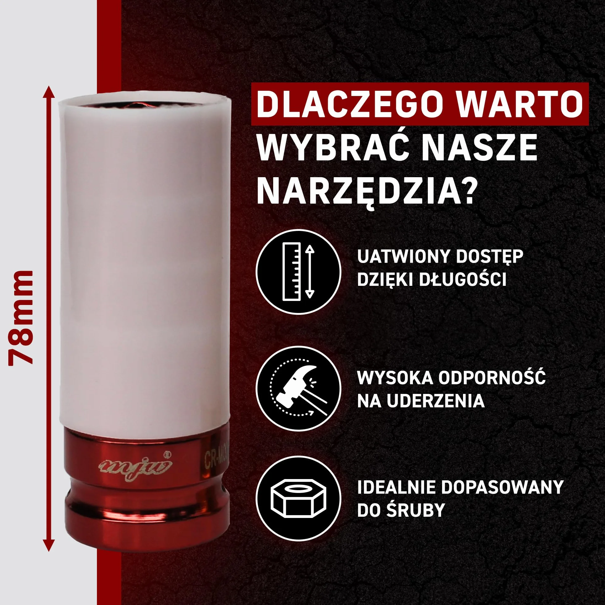 MJW Zestaw nasadek 1/2" 6-kąt z tuleją zabezpieczającą długie nasadki udarowe 1/2" 6-kąt długie 17 | 19 | 21 Stal Cr-Mo Mocny komplet nasadek rozmiary metryczne