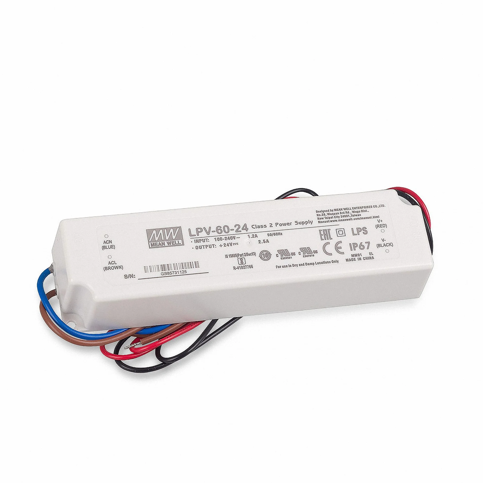 Mean Well Zasilacz LED Transformator Do Oświetlenia LED Lpv-60-24 Stałe Napięcie Ip67 Zasilacz 60 W 24 V