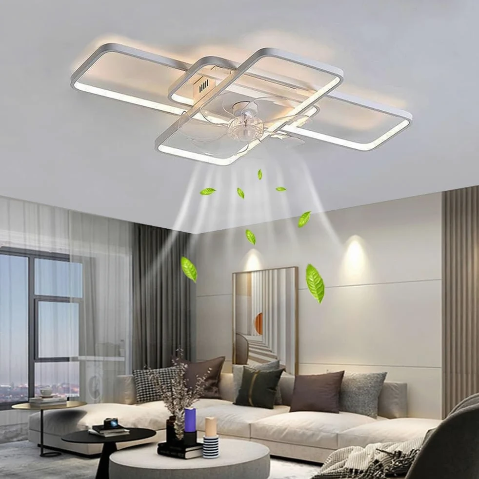 JOJOM Nowoczesna lampa sufitowa z wentylatorem LED Ściemnialna prostokątna lampa sufitowa Metalowe oświetlenie akrylowe Pokój dzienny Sypialnia Kuchnia Oświetlenie biurowe, z pilotem zdalnego sterowan
