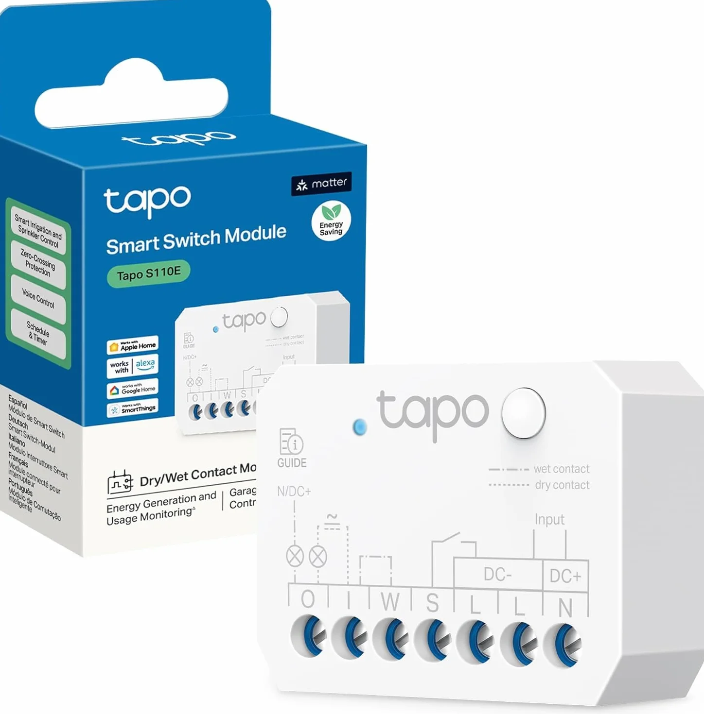 Tapo S110E – bezprzewodowy i Bluetooth inteligentny przełącznik przekaźnikowy, kontakt bez potencjałów, 1 kanał, 10 A, włącznik światła, otwieracz drzwi garażowych, rejestrowanie energii, Alexa i