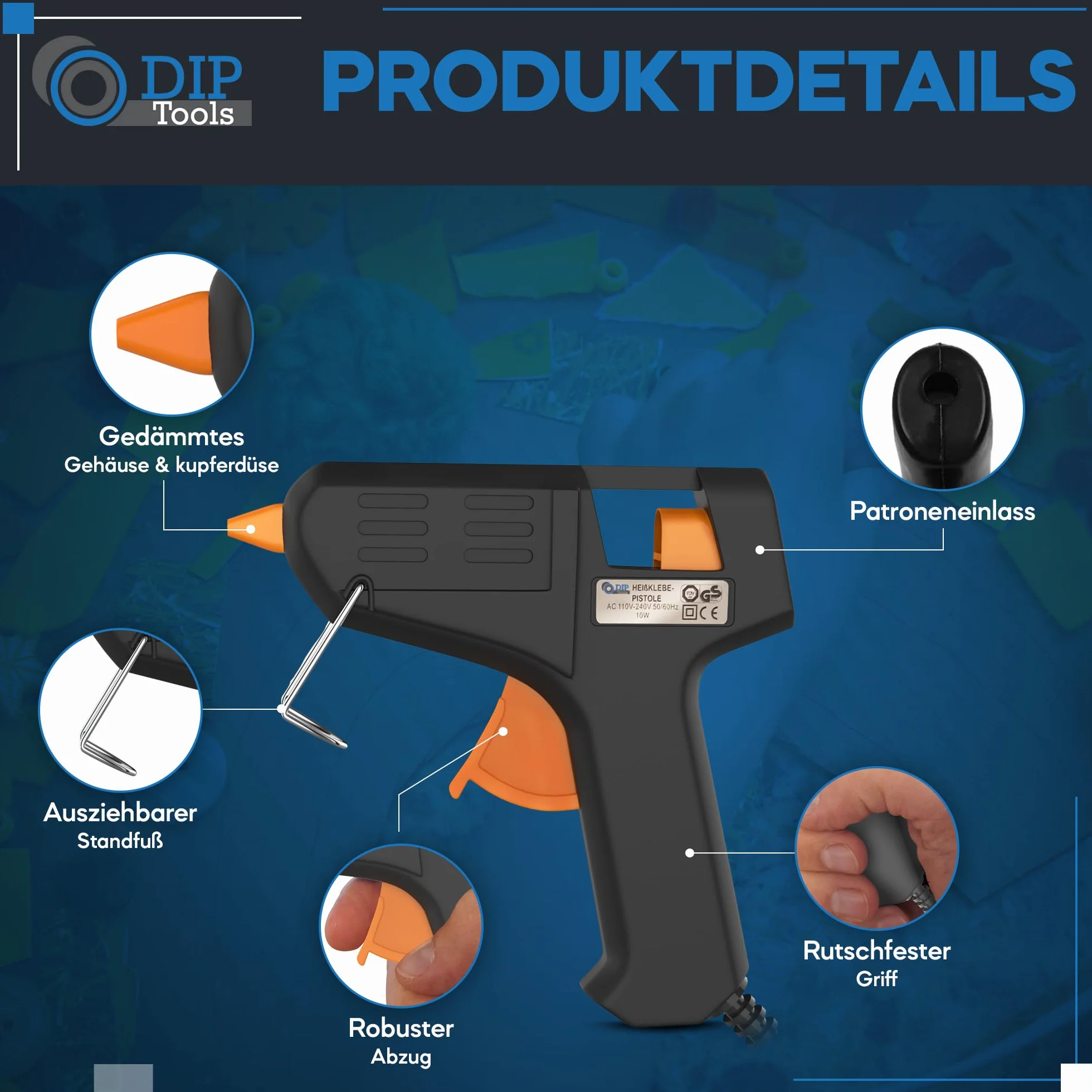 DIP Tools Pistolet do klejenia na gorąco 7.2 mm – pistolet do klejenia na gorąco z 10 wkładami bez rozpuszczalników – Glue Gun zabezpieczony przed wyciekiem, idealny do majsterkowania, dekorowania