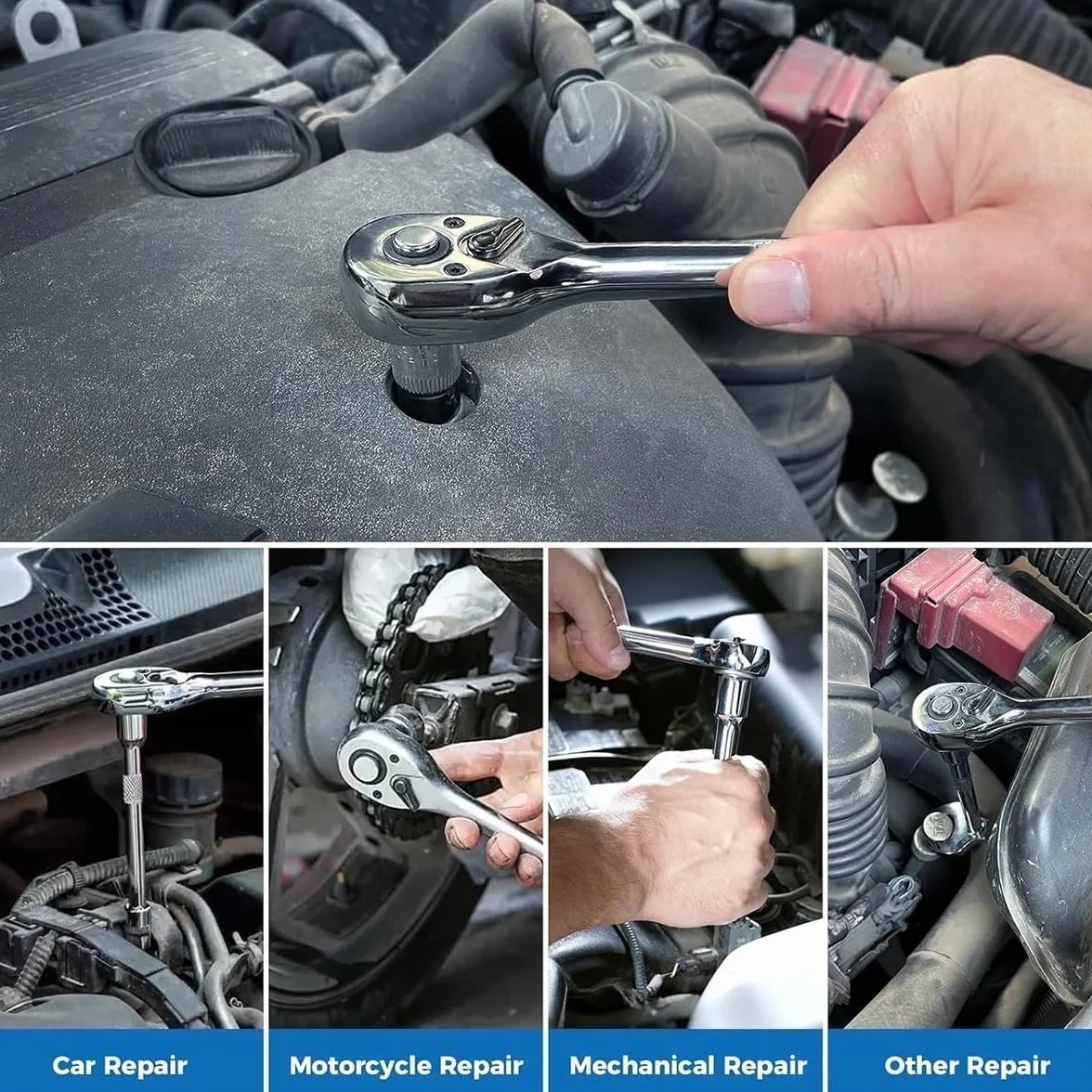 Telescopic Ratchet Zestaw grzechotek kluczy nasadowych 1/4" 3/8" 1/2" 24-zębowy, szybkozamykający, dwustronny klucz dynamometryczny(3-Piece)