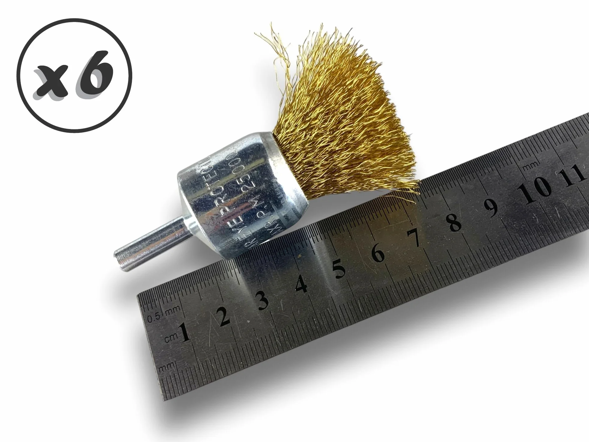 Metalowa szczotka obrotowa z końcówką Ø 22 mm | Zestaw 6 sztuk | Kształt pędzla na trzonku Ø 6 mm | Nici mosiężne Ø 0,20 mm miękkie | Do wiertarki lub wkrętarki z uchwytem | Kibros 20LV22x6