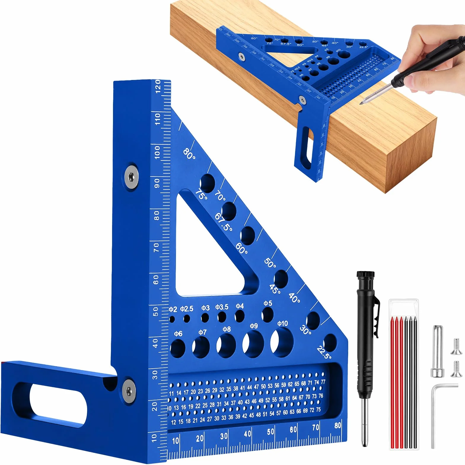 Flintronic 3D Wielokątny Kątownik Stolarz, 22,5-90° Przenośnik Kątowy Ze Stopu Aluminium, 120mm Precyzyjne Narzędzia Do Obróbki Drewna, Trójkątna Linijka Ukośna dla Stolarza Inżyniera