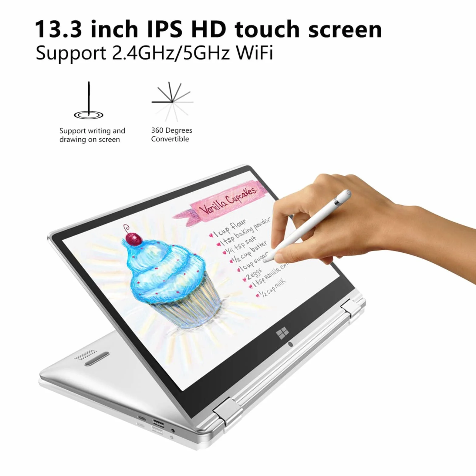 Laptop 2 w 1 z Ekranem Dotykowym 13,3 Cala Obracanym 360°, 1920x1080, 16GB LPDDR4, 256GB SSD, WiFi, BT, Windows 11