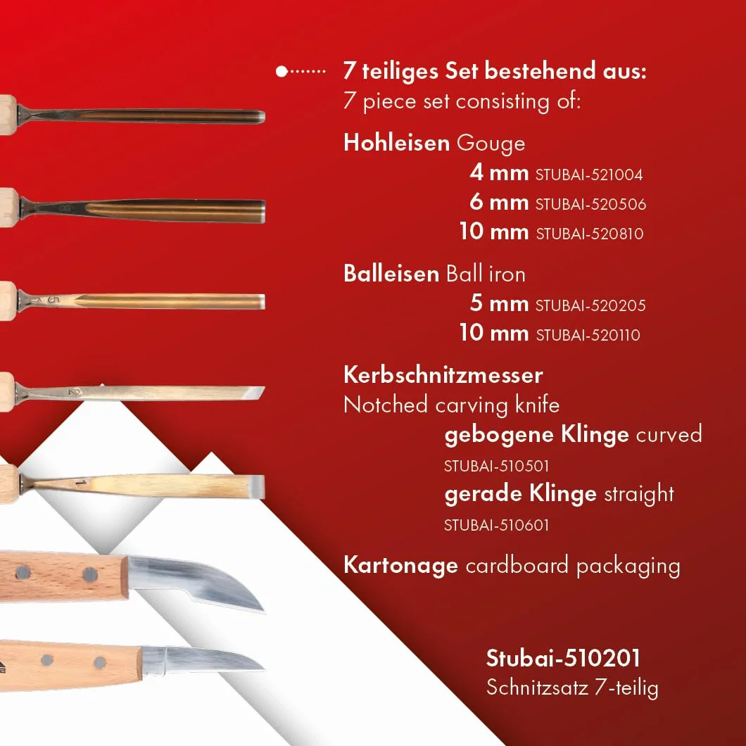 Stubai Zestaw dłut dłutowych serii 52 7-częściowy – dłuto kulkowe 5 mm i 10 mm + żłobienia 4 mm, 6 mm i 10 mm + 2 noże do rzeźbienia