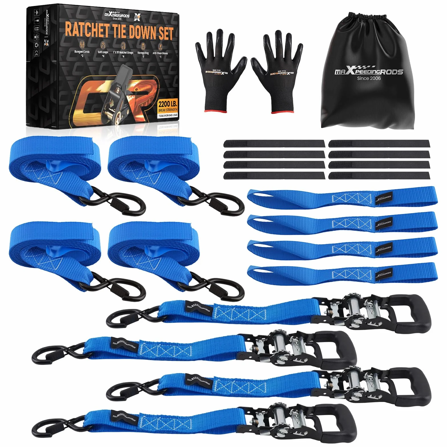 maXpeedingrods 4-cz??ciowy zestaw pasów mocuj?cych z grzechotk?, 2362 kg, z mi?kkimi p?tlami i hakami w kszta?cie litery S, 2,4 m x 4 cm, w zestawie torba i r?kawiczki – do motocykla, ATV, samochodu | z miękkimi pętlami i hakami w kształcie litery S, 2,4