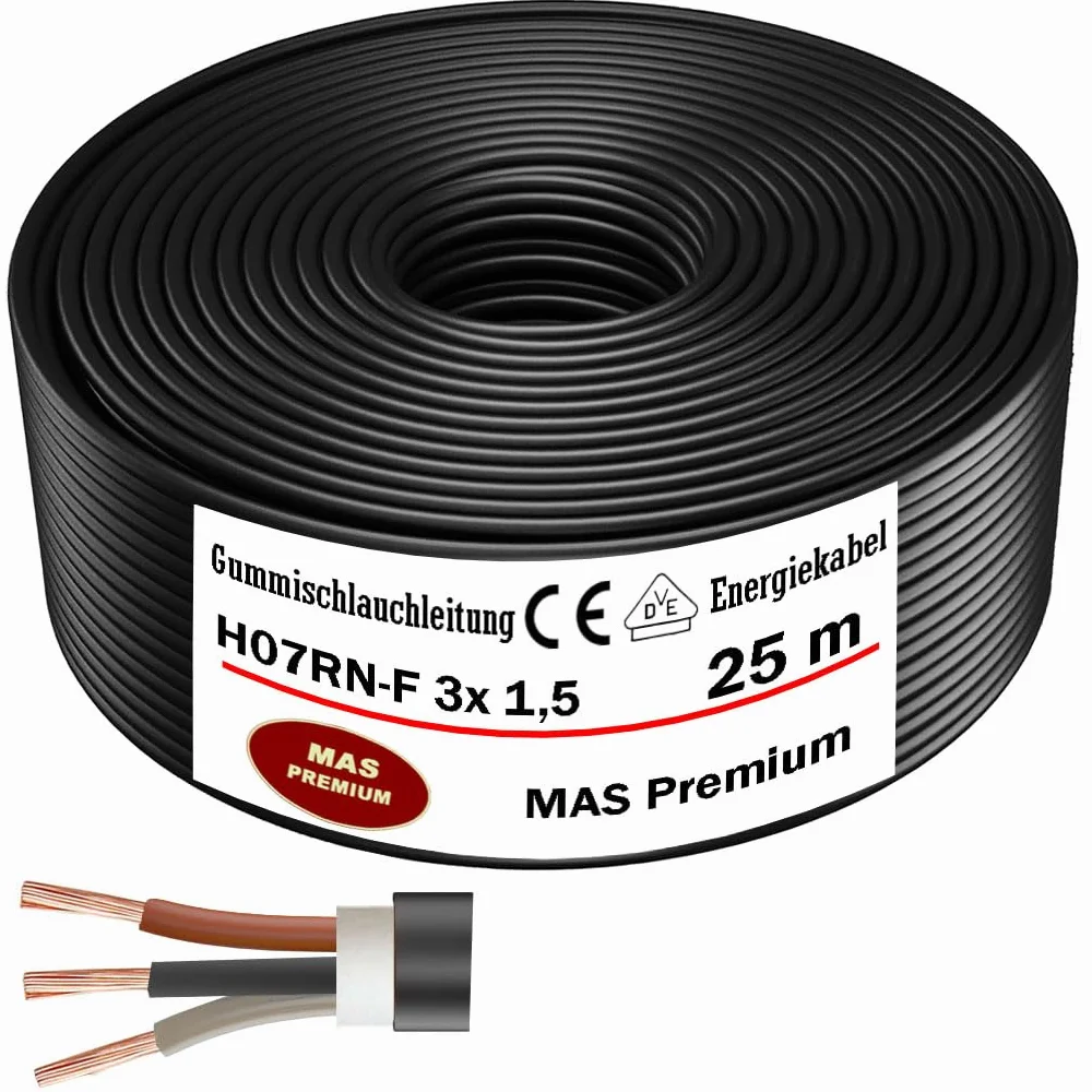 MAS Premium Wąż gumowy, 5-100 m, kabel zasilający do budowy H07RN-F 3G 1, 3G 1,5, 3G 2,5, 3G 4, 3G 6, 3G 10 lub 3 x 1,5, elastyczny przewód do ciężkich urządzeń (H07RN-F 3 x 1,5 mm², 25 m)