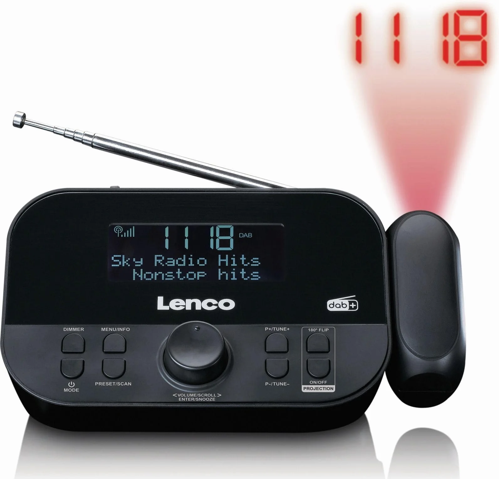 Lenco CR-615 DAB+ budzik z projektorem, radio zegarowe DAB+ FM, 30 stacji, czarny