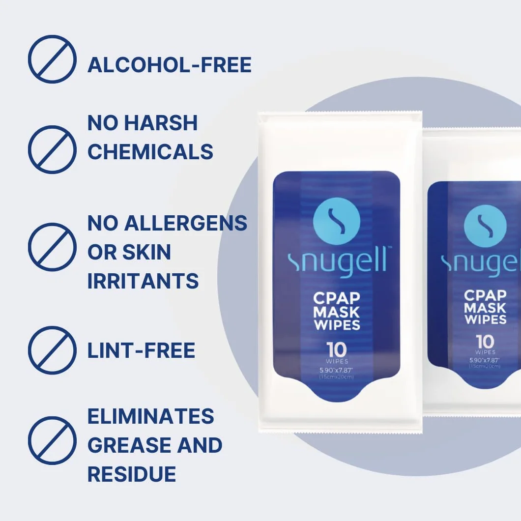 CPAP Maskenwischtücher 12 Reisepackungen von Snugell | 12 wiederverschließbare Beutel mit je 10 Blatt | geruchlos 100% weiche Baumwolle | hautfreundlich mit Aloe Vera | schnell & einfach zu öffnende Beutel | saubere CPAP-Maske und Geräte |
